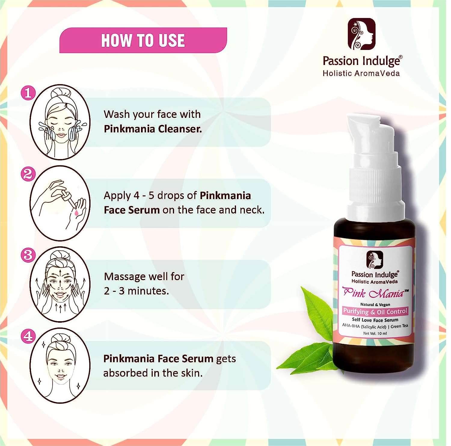 Pink Mania AHA BHA Purifying & Oil Control Face Serum With Turmeric & Green Tea |Exfoliate dead cell, Reduces blackheads & Improves skin texture | All Skin Types -10ml - passionindulge