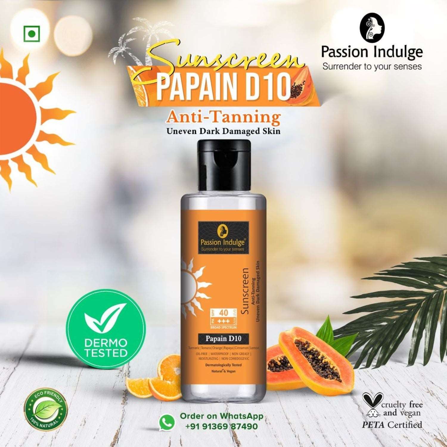 Papain D10 Cleanser 100ml & Papain D10 Sunscreen 100ml, SPF 40+++,  Combo Pack | Anti-Tan formula, UV Protection | Dermatologically Tested | Papaya | Turmeric | All Women & Men