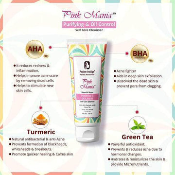 Pink Mania Purifying & Oil Control AHA BHA Face Cleanser & Face Moisturizer Combo For Healthy Skin With Turmeric & Green Tea Extract | Healing Skin Properties & Reduces blackheads
