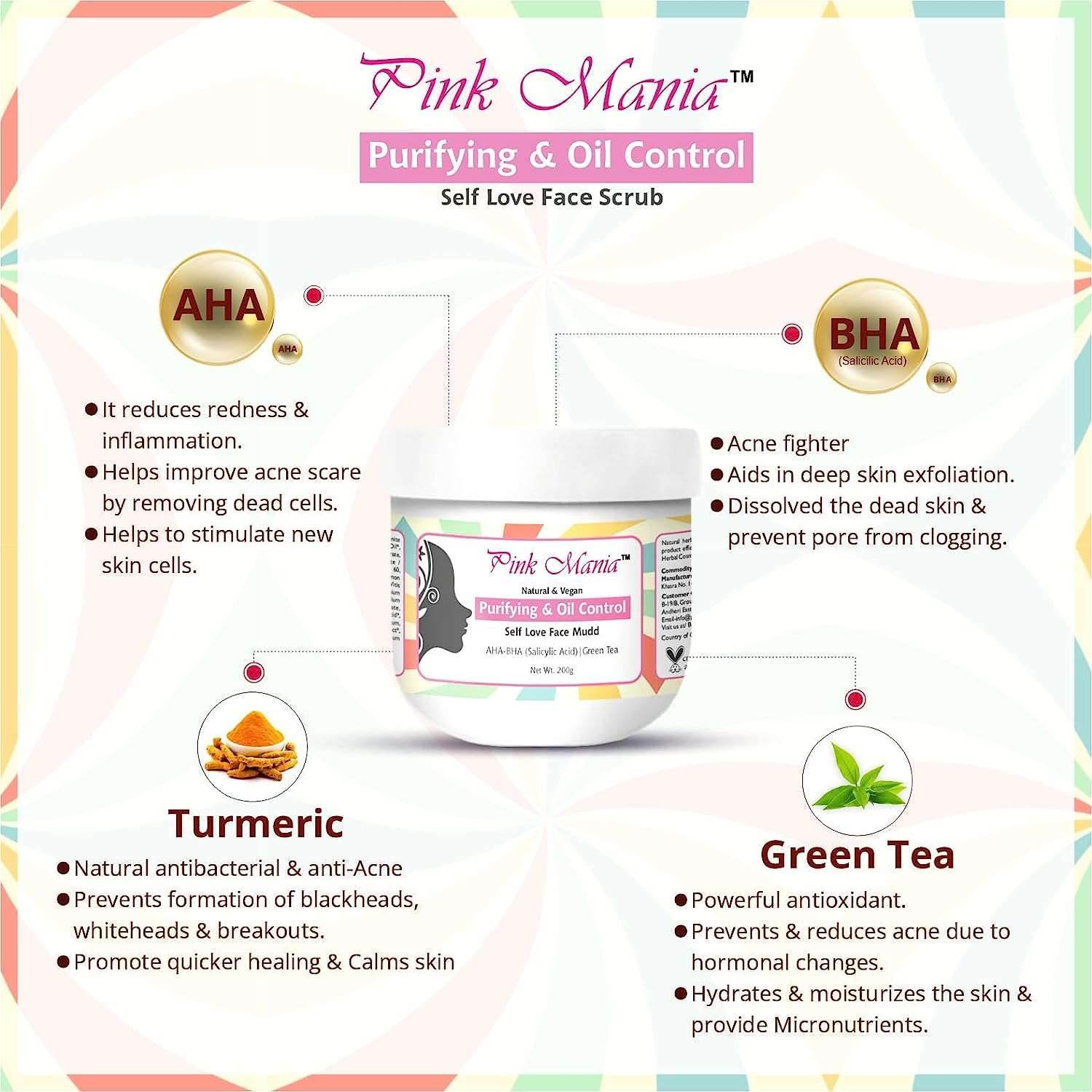 Pink Mania Purifying & Oil Control AHA BHA Face Mudd With Turmeric & Green Tea |Remove the dead cells & helps to prevent acne, blackheads and whiteheads | Natural & Vegan - 200g - passionindulge