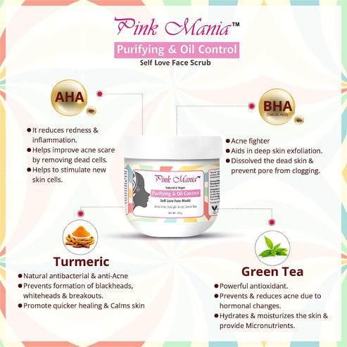Pink Mania AHA BHA Purifying & Oil Control Face Cleanser & Face Mudd Combo With Turmeric & Green Tea Extract | Healing Skin Properties & Remove the Dead Cells - passionindulge