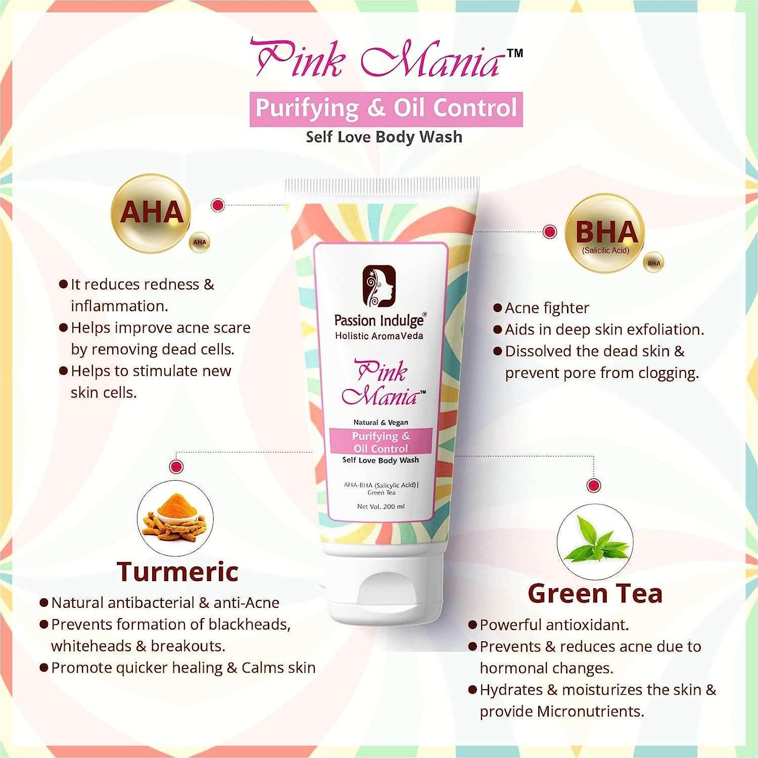 Pink Mania AHA BHA Anti-Dandruff & Hair Fall Control Shampoo & Oil Controlling Body Wash Combo For Healthy Skin With Turmeric & Green Tea Extract | Reduce Hair Fall & Moisturizing Skin - passionindulge