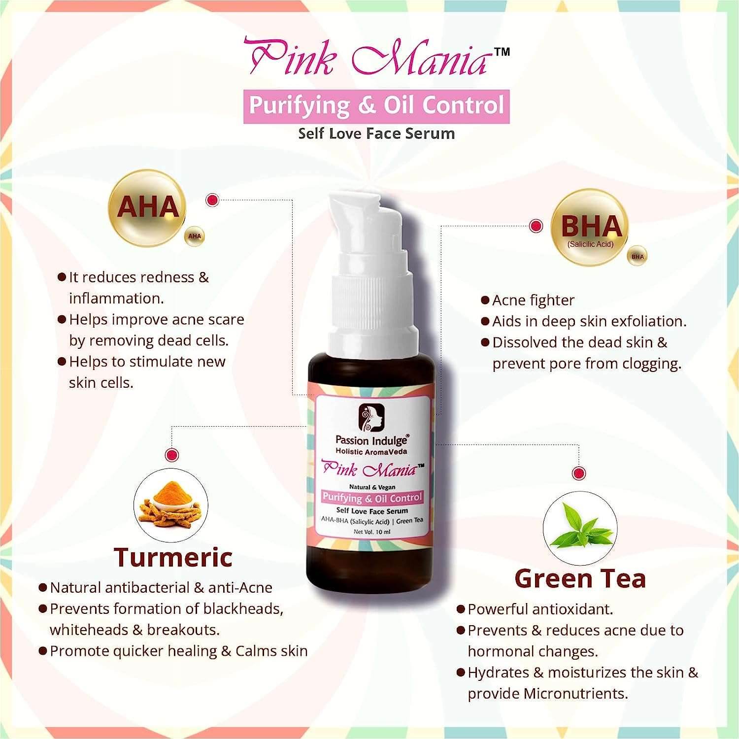 Pink Mania AHA BHA Purifying & Oil Control Face Serum With Turmeric & Green Tea |Exfoliate dead cell, Reduces blackheads & Improves skin texture | All Skin Types -10ml - passionindulge