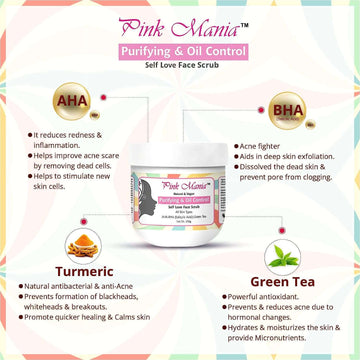 Pink Mania Purifying & Oil Control AHA BHA Face Scrubb With Turmeric & Green Tea | Reduces acne on skin, Redness, fights infection & hydrate the skin | Natural & Vegan - 200g