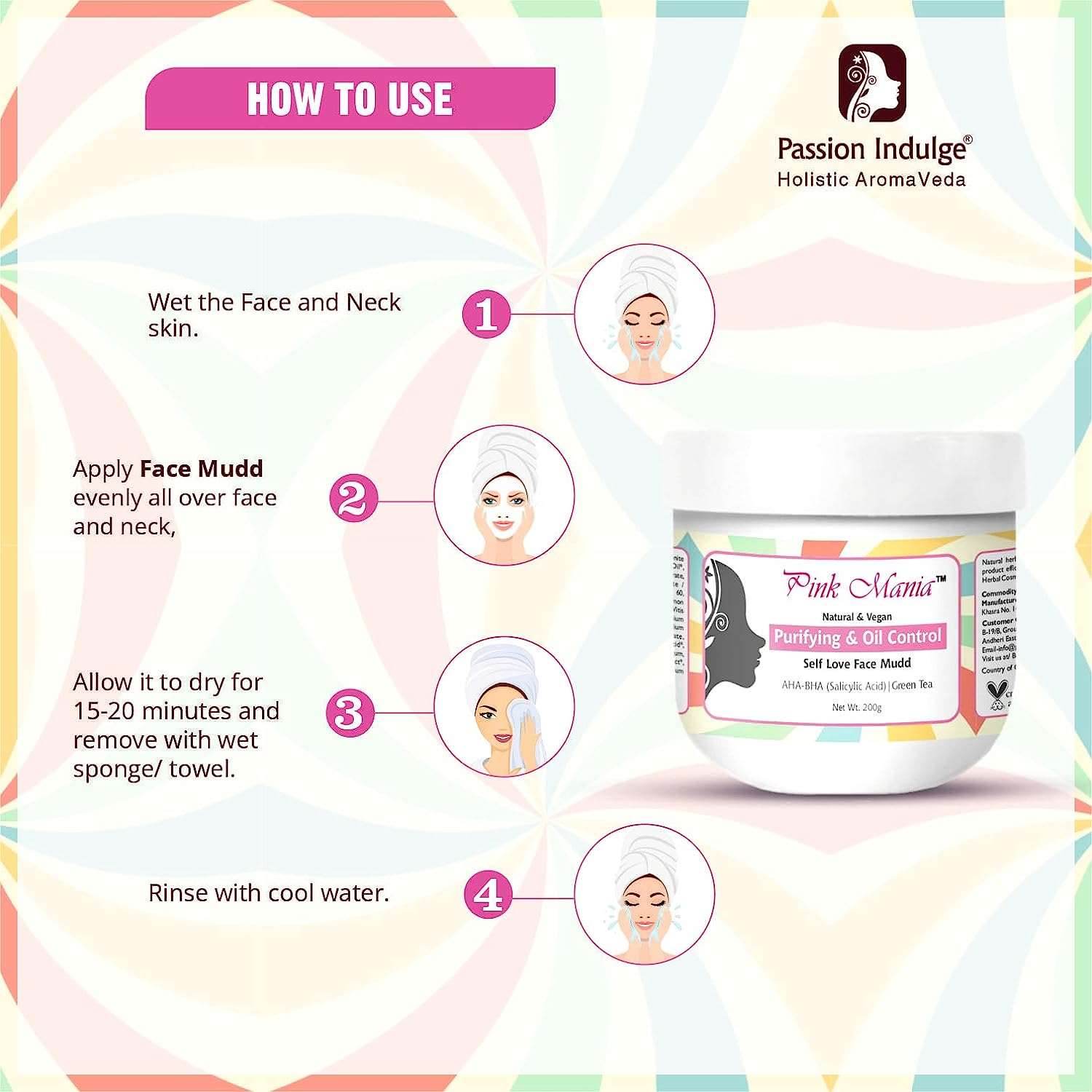Pink Mania Purifying & Oil Control AHA BHA Face Mudd With Turmeric & Green Tea |Remove the dead cells & helps to prevent acne, blackheads and whiteheads | Natural & Vegan - 200g - passionindulge