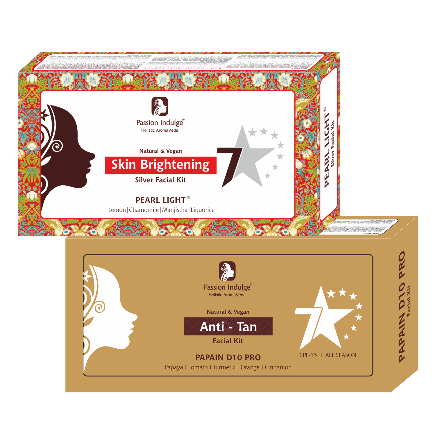 Pearl Light 7 Star Facial Kit & Papain D10 Facial Kit PACK OF 2- For Skin Brightening & Tan Removal - passionindulge