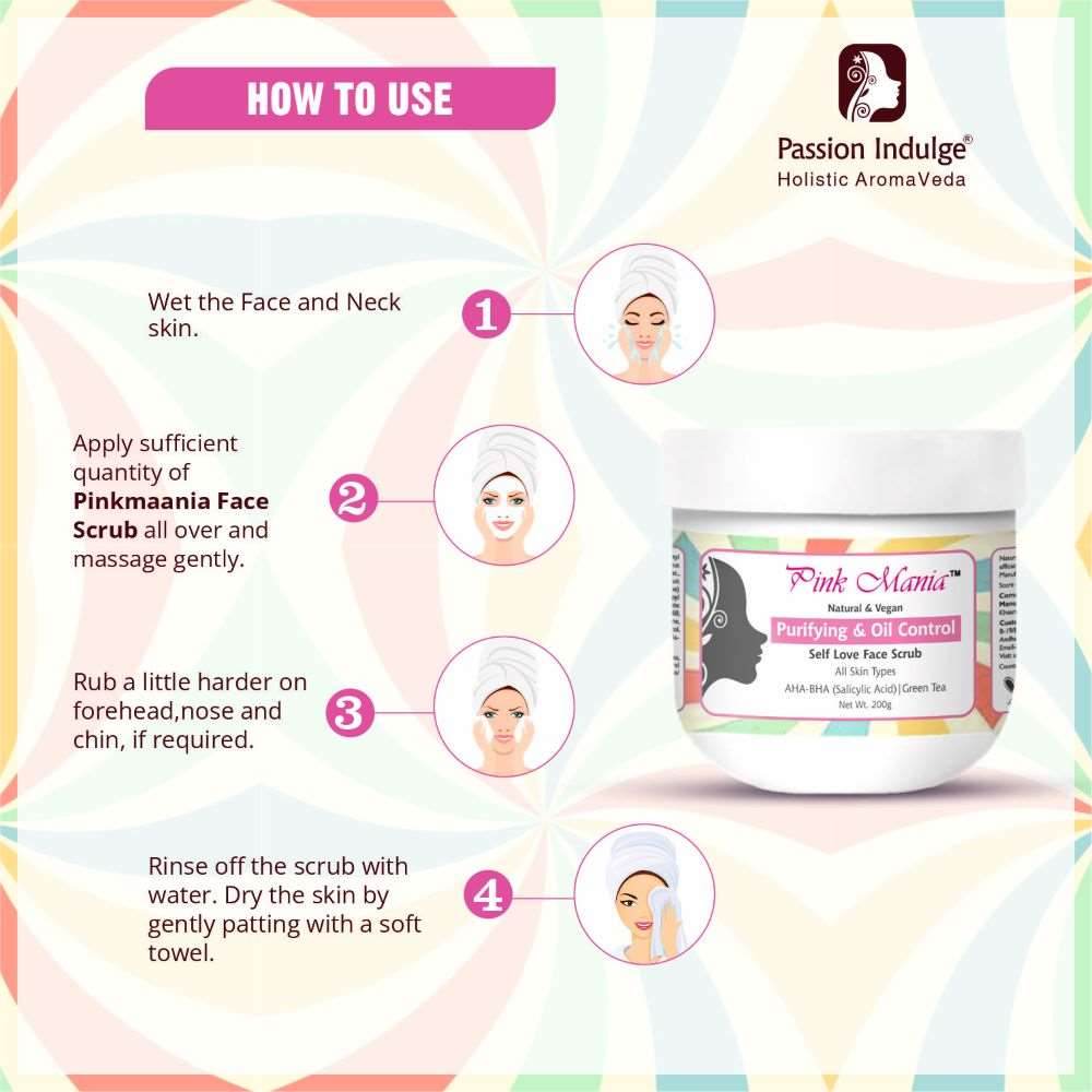 Pink Mania Purifying & Oil Control AHA BHA Face Scrubb With Turmeric & Green Tea | Reduces acne on skin, Redness, fights infection & hydrate the skin | Natural & Vegan - 200g - passionindulge