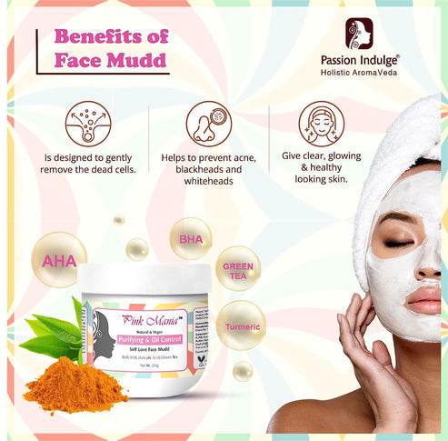 Pink Mania AHA BHA Purifying & Oil Control Face Cleanser & Face Mudd Combo With Turmeric & Green Tea Extract | Healing Skin Properties & Remove the Dead Cells - passionindulge