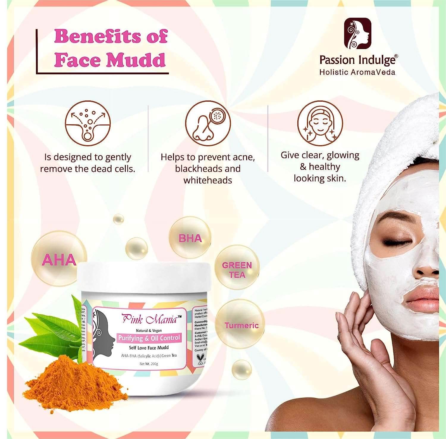 Pink Mania Purifying & Oil Control AHA BHA Face Mudd With Turmeric & Green Tea |Remove the dead cells & helps to prevent acne, blackheads and whiteheads | Natural & Vegan - 200g - passionindulge