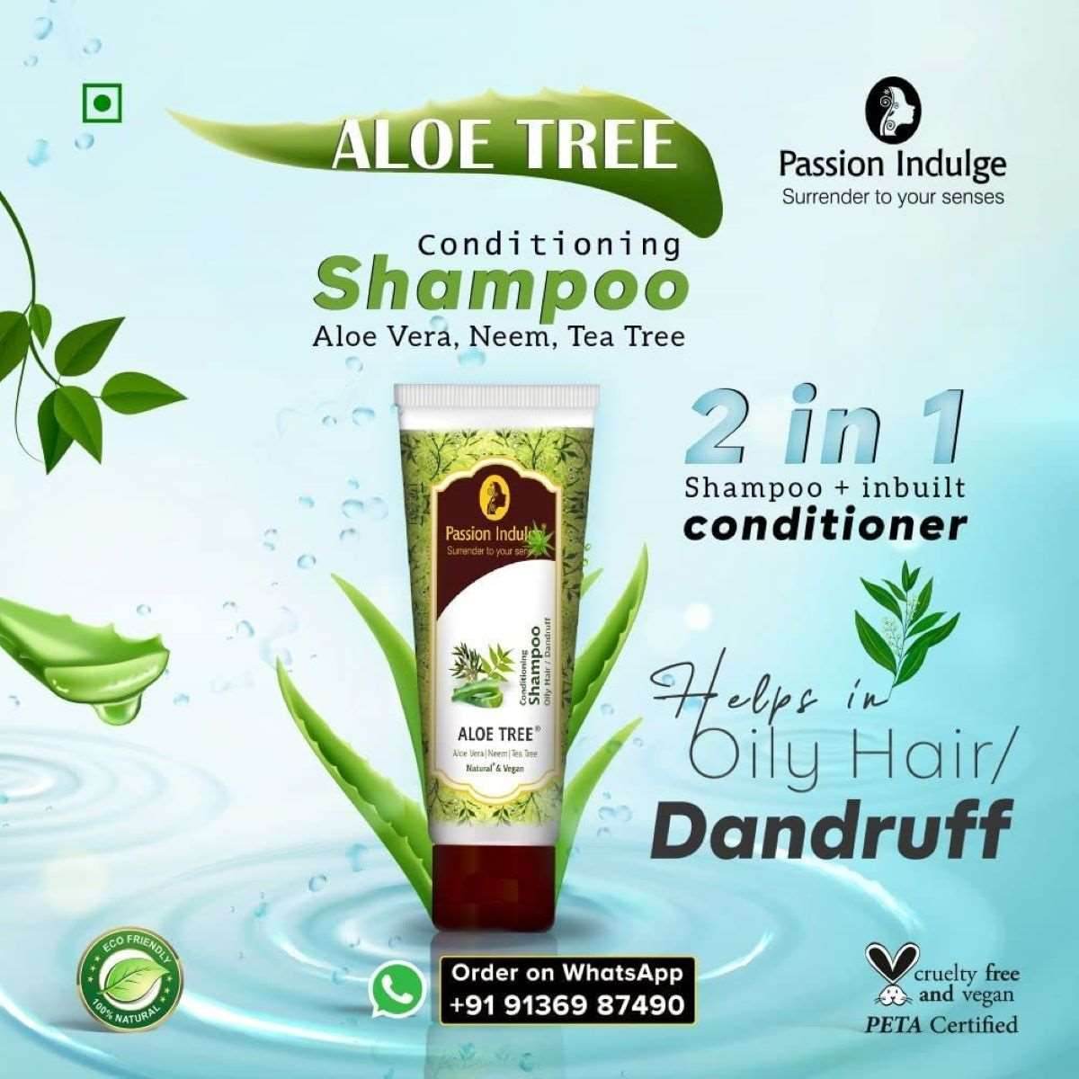 Aloe Tree 2 in 1 Anti Dandruff Conditioning Shampoo 200ml | Oily Scalp | Hair Dandruff | Hair Shine | with Tea Tree, Aloe Vera and Neem | All Hair types| Ayurvedic | Natural & Vegan - passionindulge