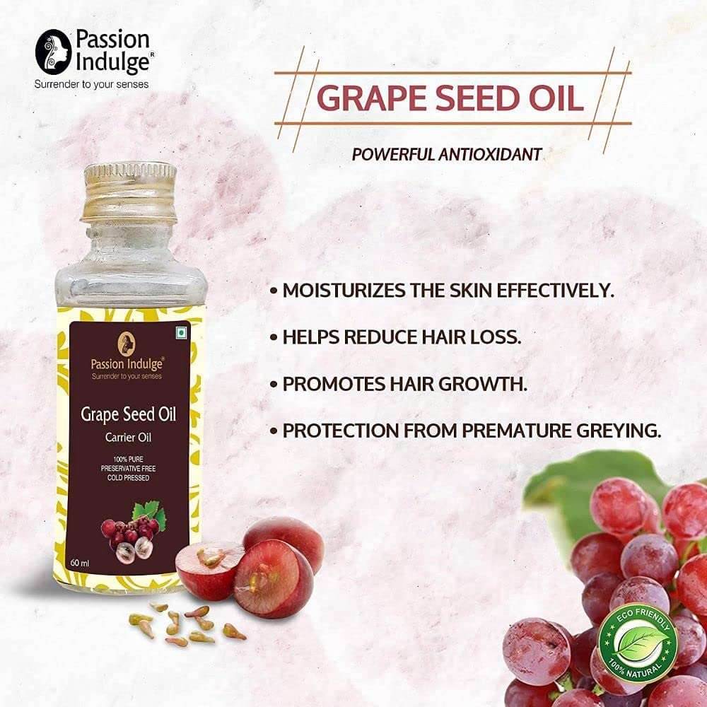 Grape Seed Carrier Oil 60ml | Dark Circles | Promote Hair Growth | Reduce Hair Loss | Face and Skin Care | Carrier Oil | Natural & Vegan | All Skin Type - passionindulge