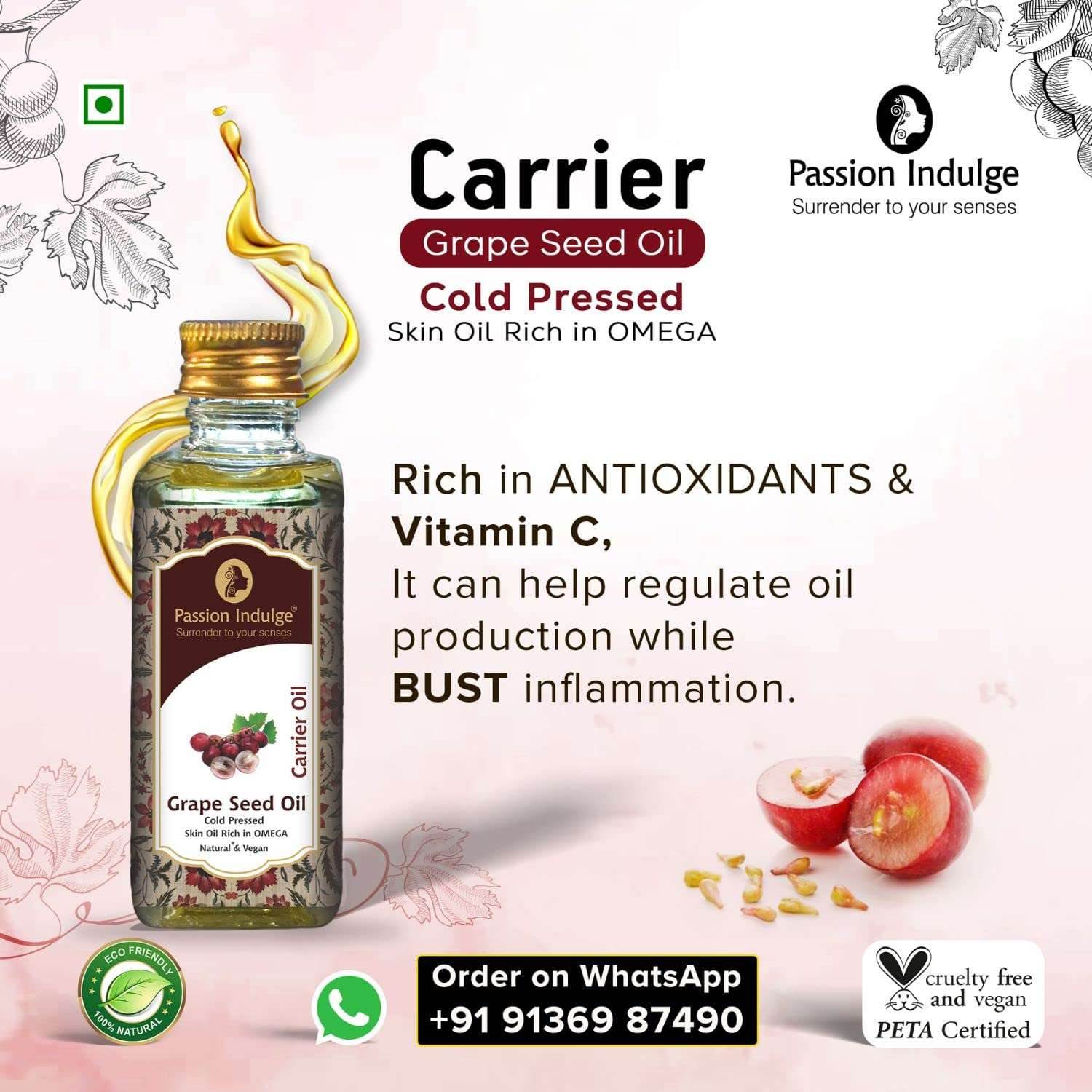Grape Seed Carrier Oil 60ml | Dark Circles | Promote Hair Growth | Reduce Hair Loss | Face and Skin Care | Carrier Oil | Natural & Vegan | All Skin Type - passionindulge