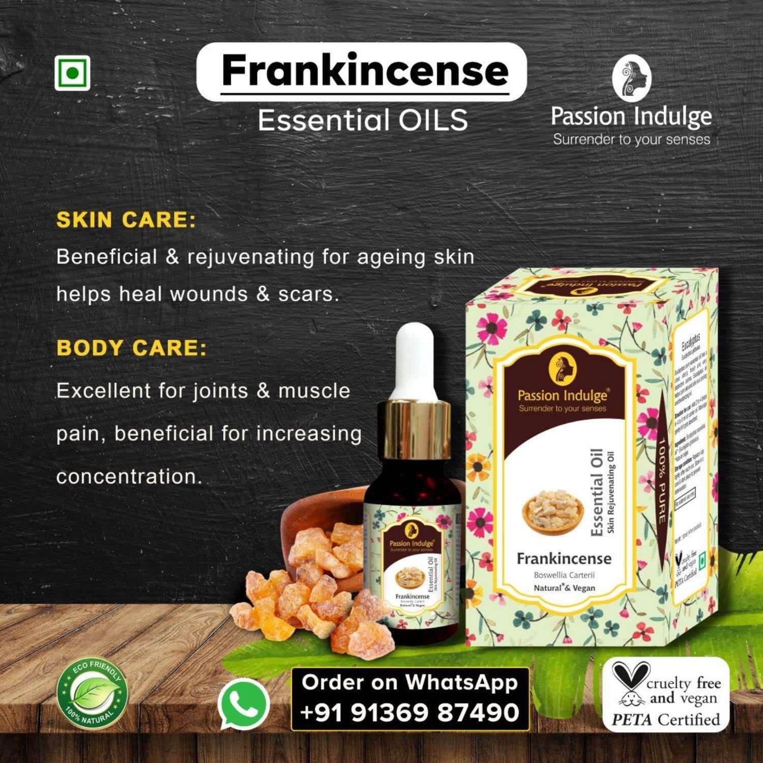 Frankincense Pure Essential Oil 10ml | skin Rejuvenating for Ageing Skin, helps heals wounds & Scars | Ayurvedic | Natural & Vegan | All Skin Type - passionindulge