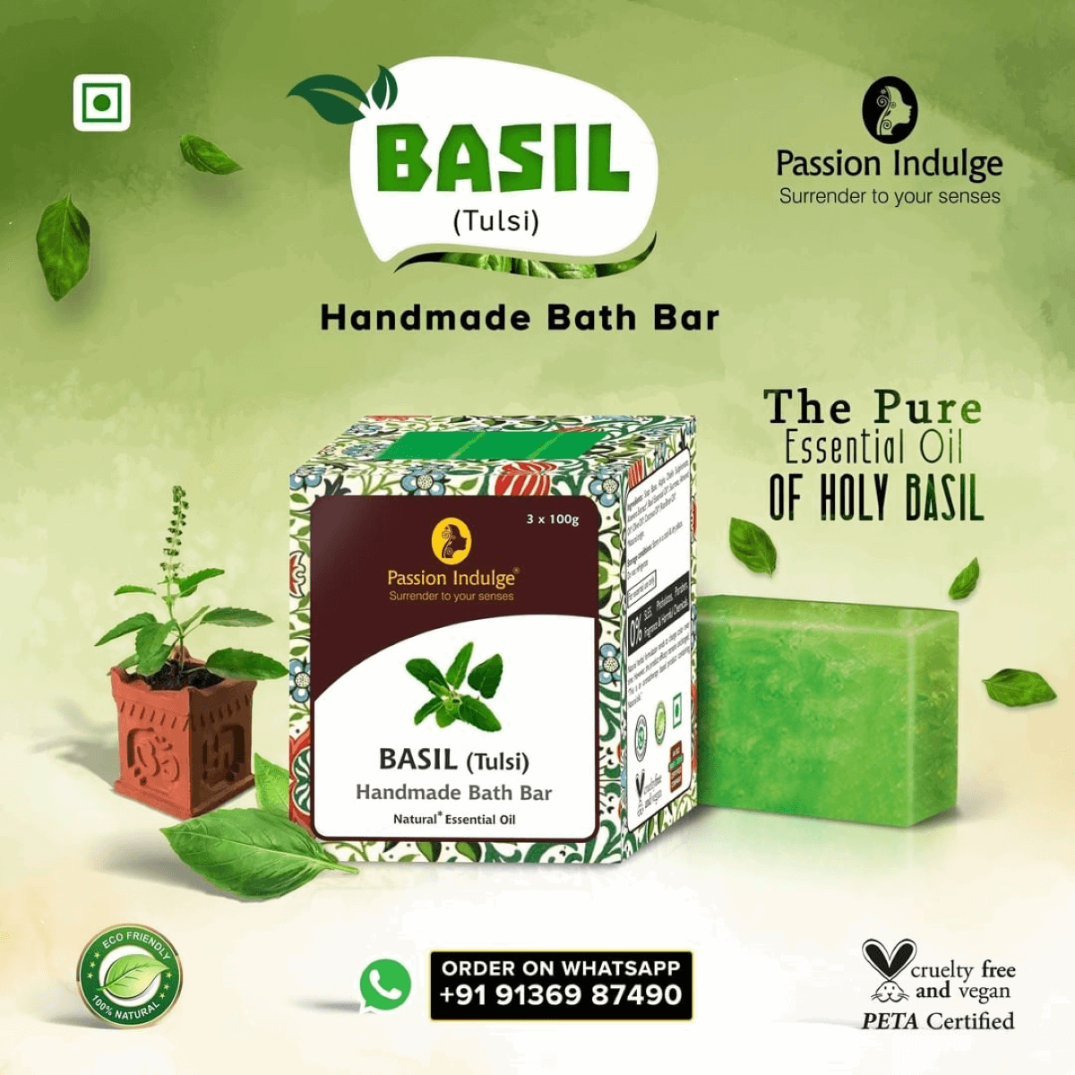 Handmade Bath Bar Basil Soap - pack of 3- each 100gm | Natural & Vegan | Aromatherapy | Peta Certified( Pack of 3 ) - passionindulge