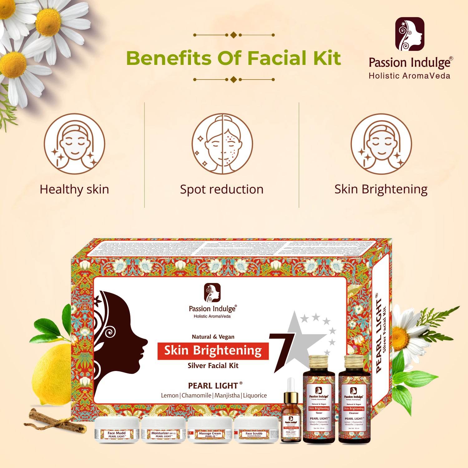 Pearl Light 7 Star Pro Facial Kit For Skin Brightening & Shine With Lemon, Chamomile, Manjistha, Liquorice| All Skin Types | Natural & Vegan | professional Kit| skin lightening| spot reduction | 7 steps - passionindulge