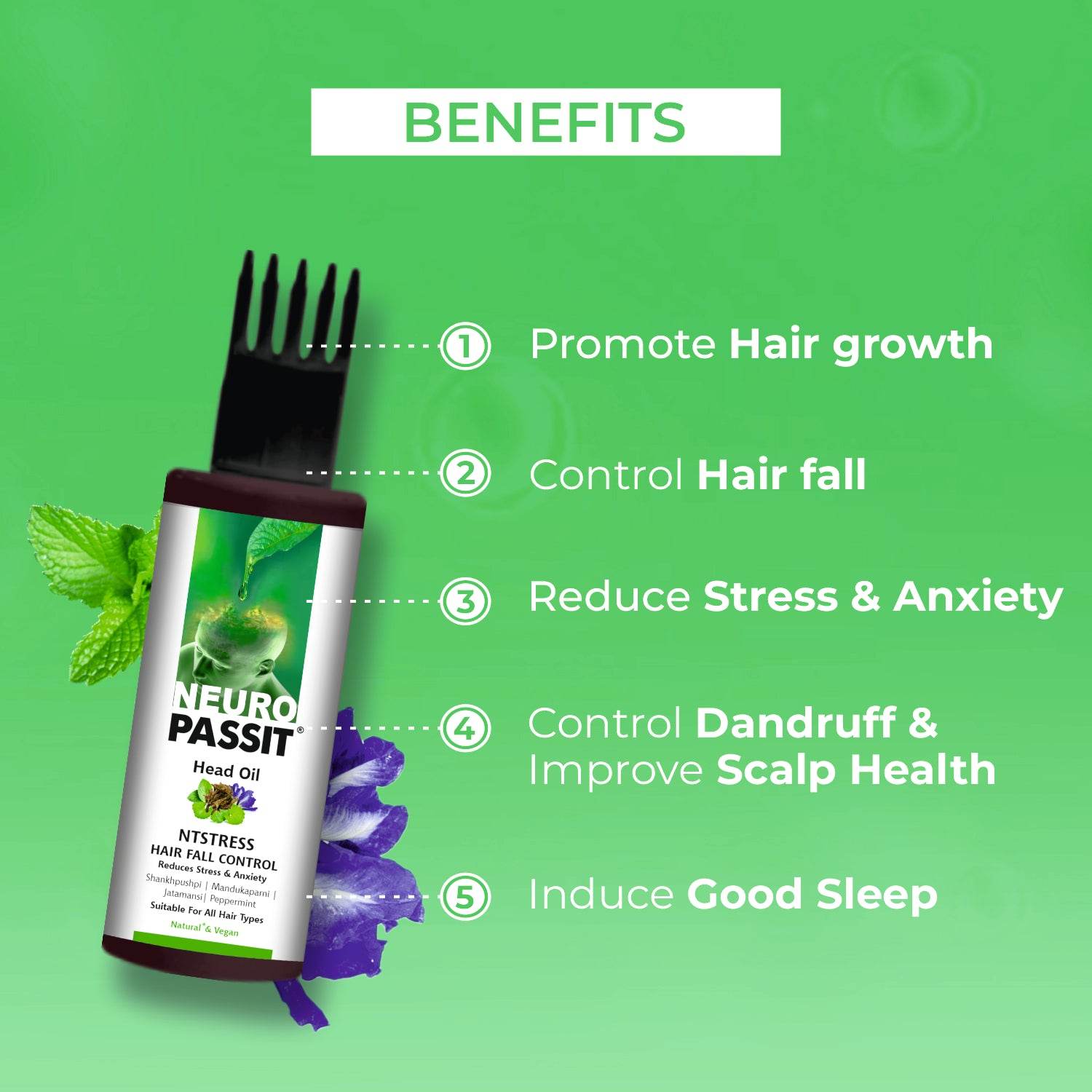 Natural Neuropassit NTstress Hair fall control & Cooling oil, Reduce Stress & Anxiety | Anti Dandruff | Promote Good Sleep | Hair Oil | Natural & Vegan | All Hair Type - 100ml - passionindulge