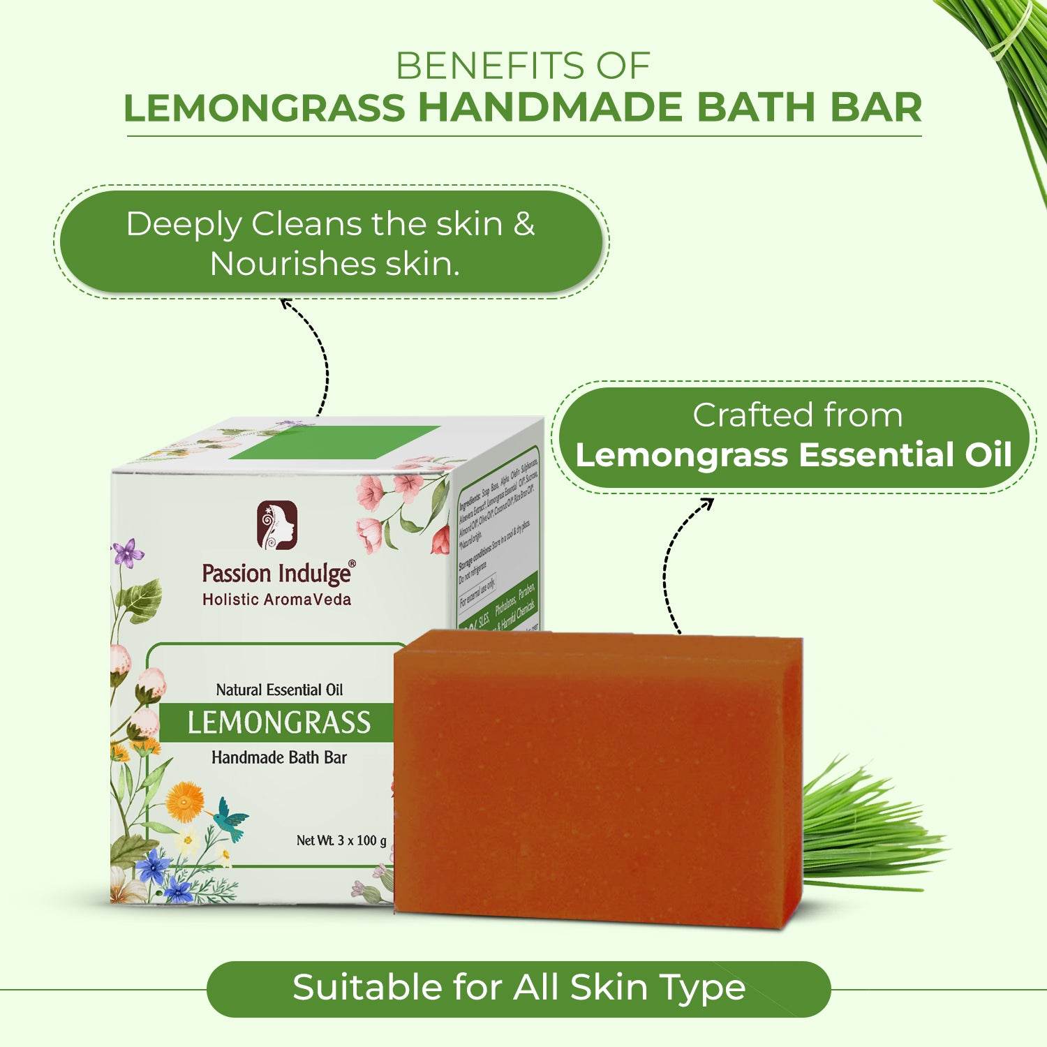 Handmade Bath Bar Soap Lemongrass - each 100gm | Natural & Vegan | Aromatherapy | Peta Certified( Pack of 3 ) - passionindulge