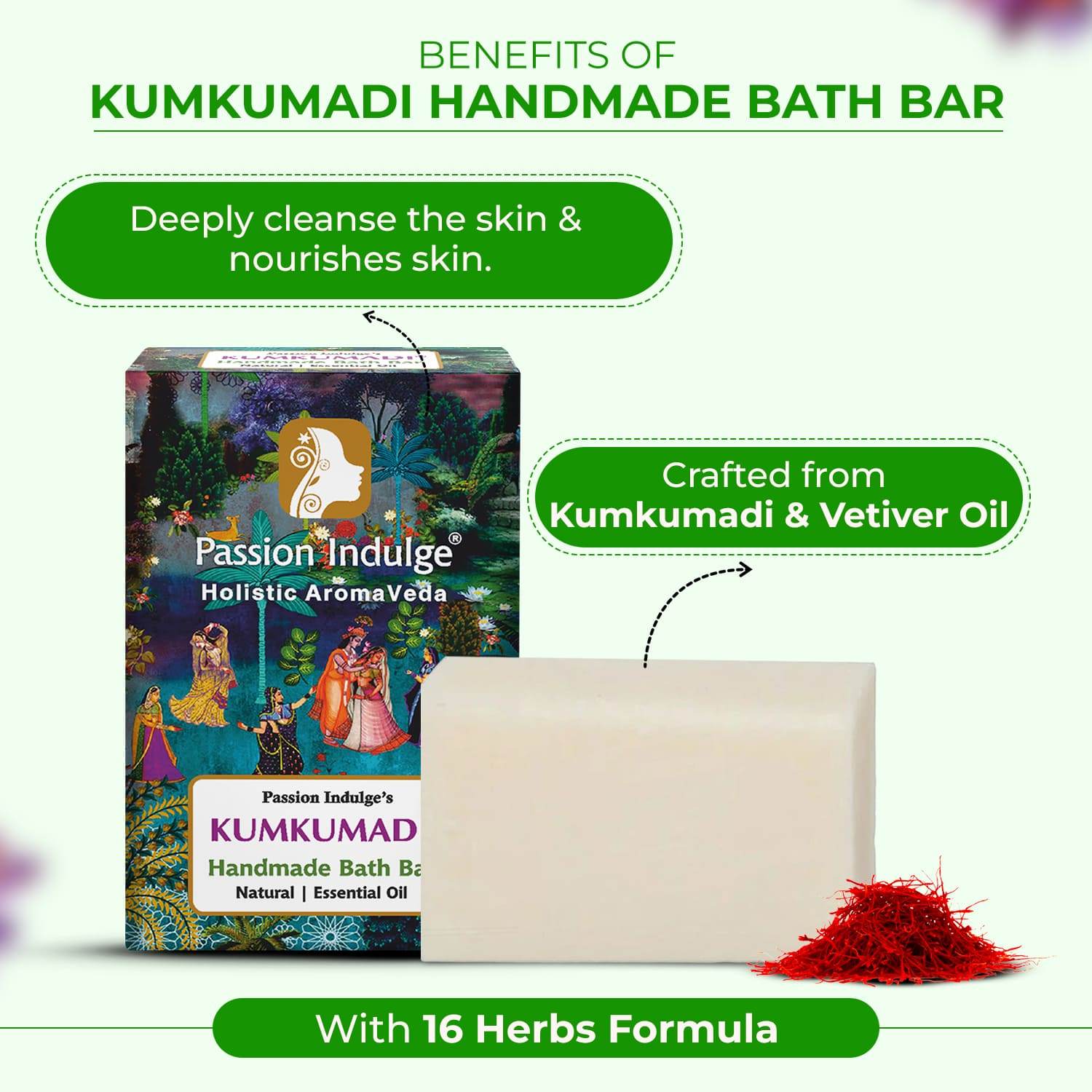 Kumkumadi Natural Handmade Bath Bar- 150 gm| For Skin Glowing, shine, and brightness with Kumkumadi oil, Vetiver Oil & 16 Herbs for All Skin Types - passionindulge