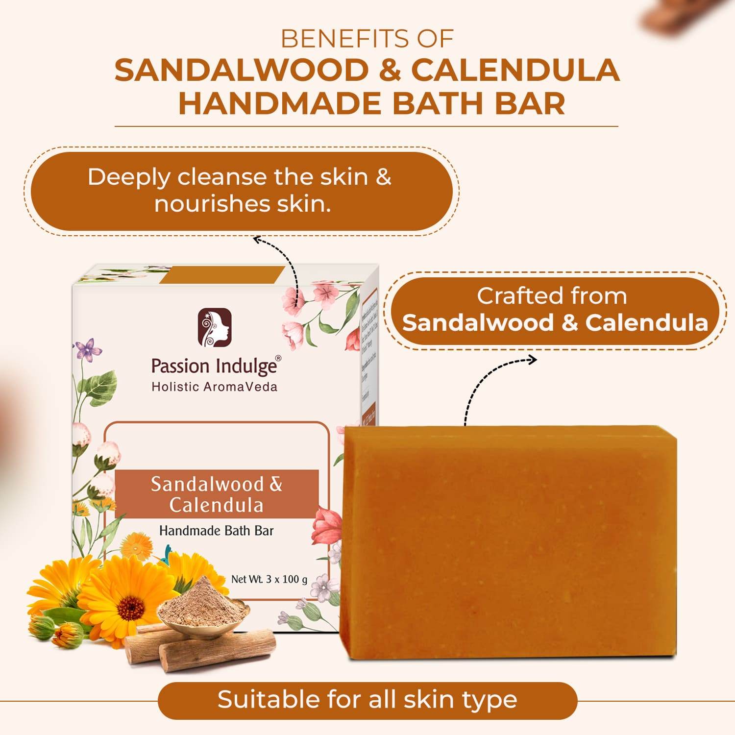Handmade Bath Bar Soap Sandalwood - each 100gm | Natural & Vegan | Aromatherapy | Peta Certified (Pack of 3) - passionindulge