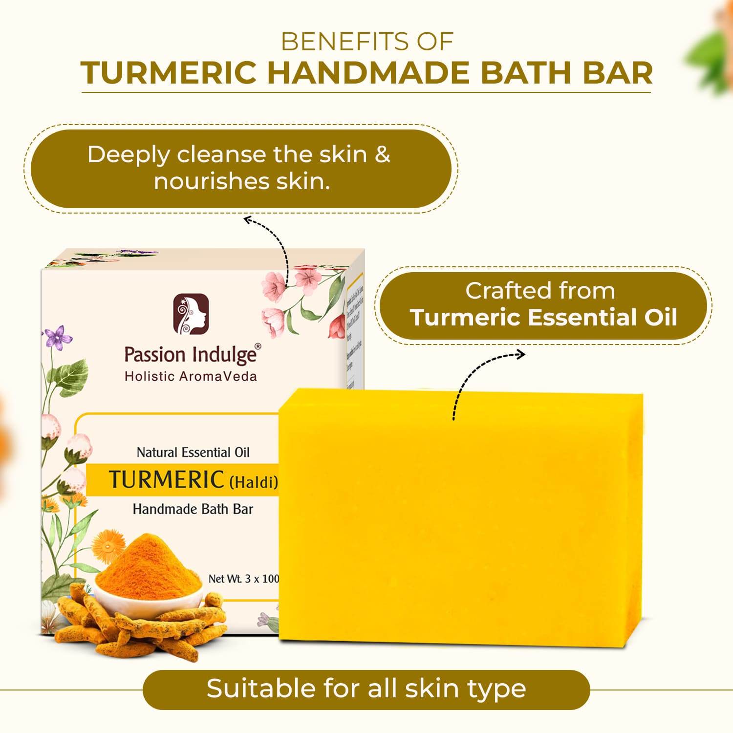 Handmade Bath Bar Soap Turmeric - each 100gm | Natural & Vegan | Aromatherapy | Peta Certified(Pack of 3) - passionindulge