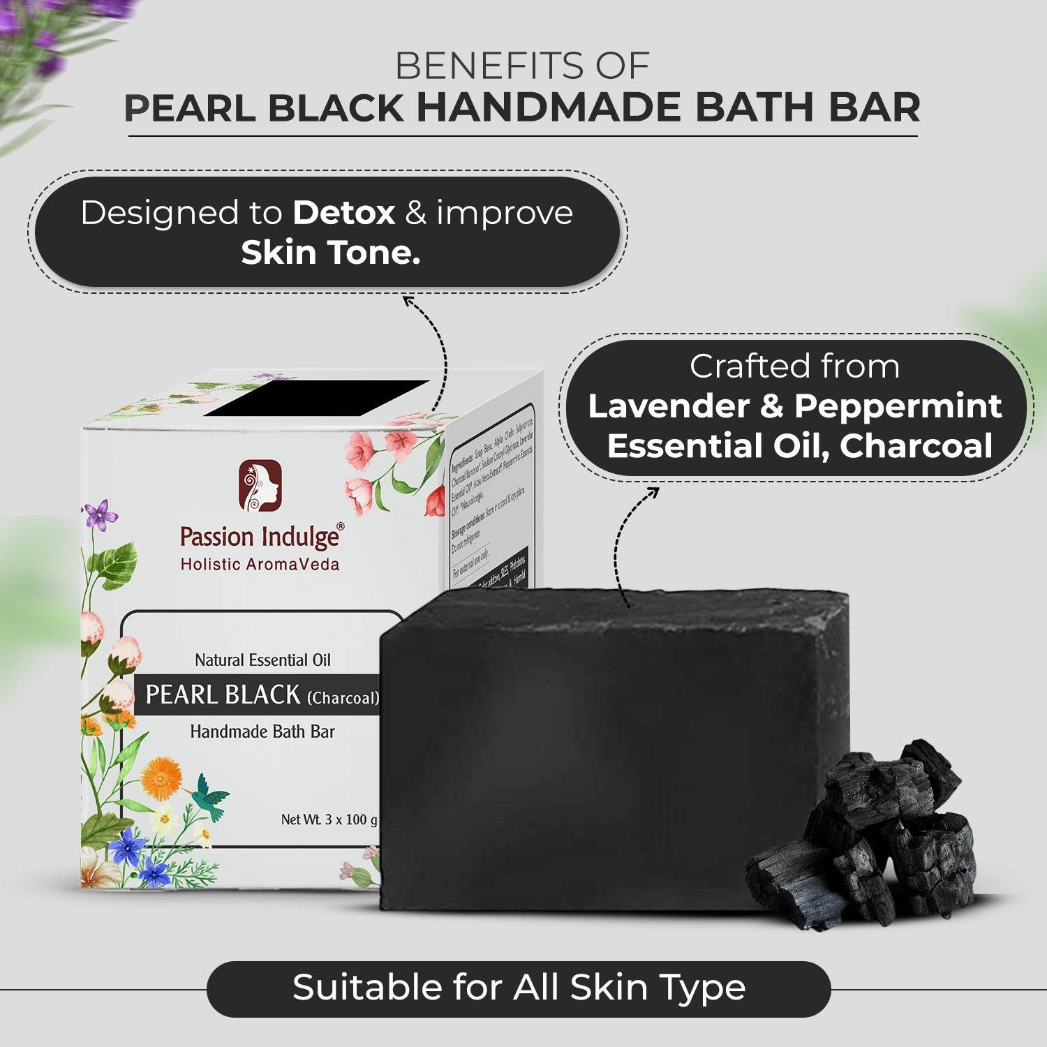 Handmade Bath Bar Soap Pearl Black (Charcoal) - each 100gm | Natural & Vegan |Peta Certified ( Pack of 3 ) - passionindulge