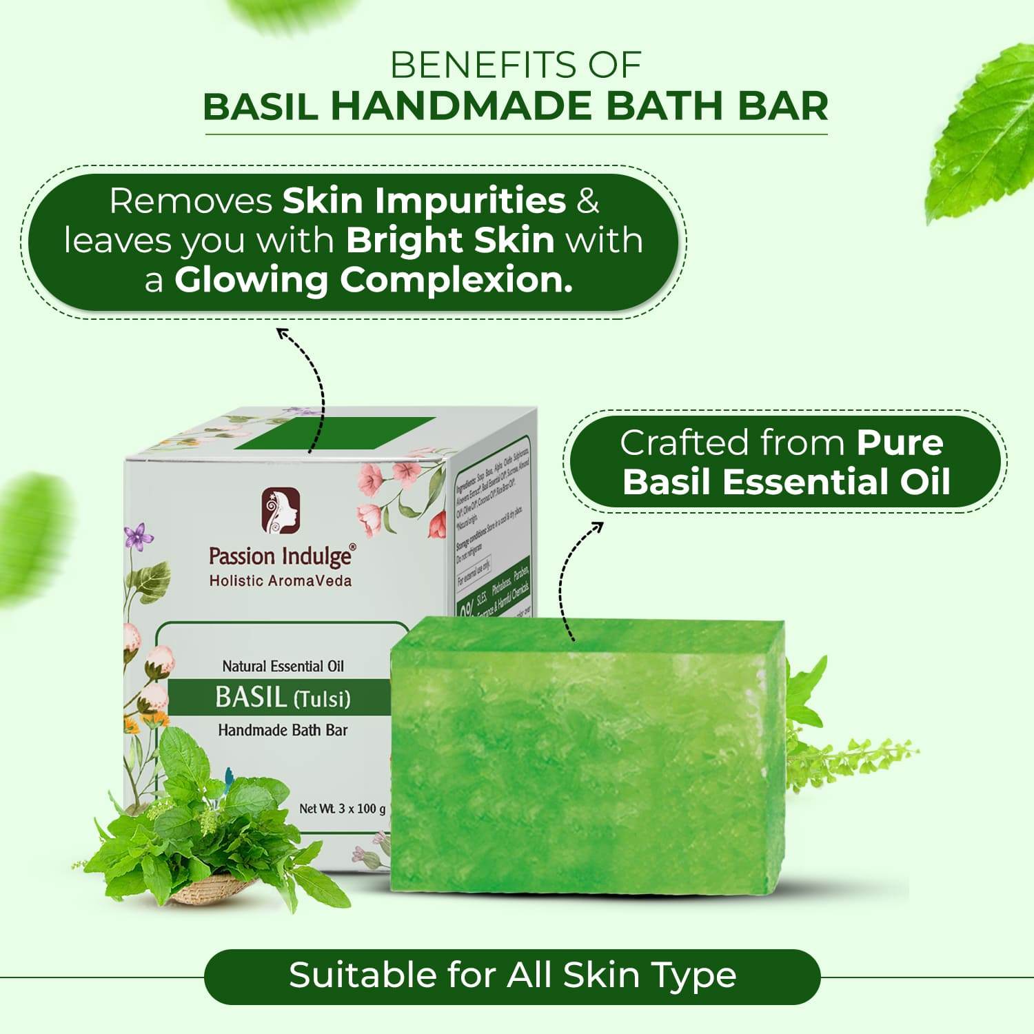 Handmade Bath Bar Basil Soap - pack of 3- each 100gm | Natural & Vegan | Aromatherapy | Peta Certified( Pack of 3 ) - passionindulge