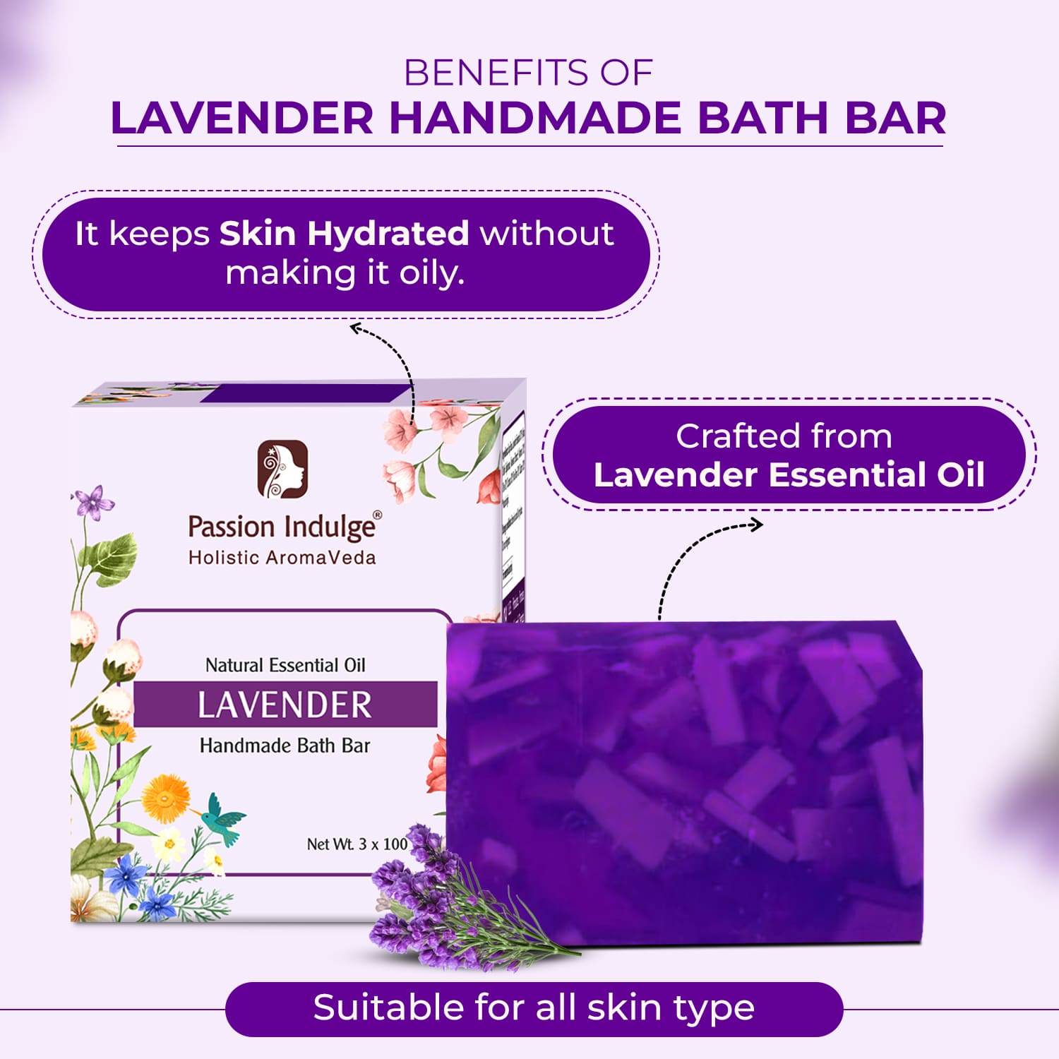 Handmade Bath Bar Soap Lavender-each 100gm | Natural & Vegan | Ayurvedic | Peta Certified(Pack of 3) - passionindulge