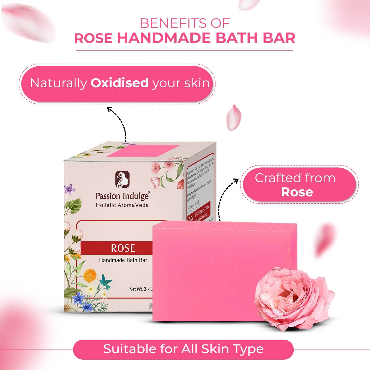 Handmade Bath Bar Soap Rose - each 100gm | Natural & Vegan | Aromatherapy | Peta Certified ( Pack of 3 ) - passionindulge