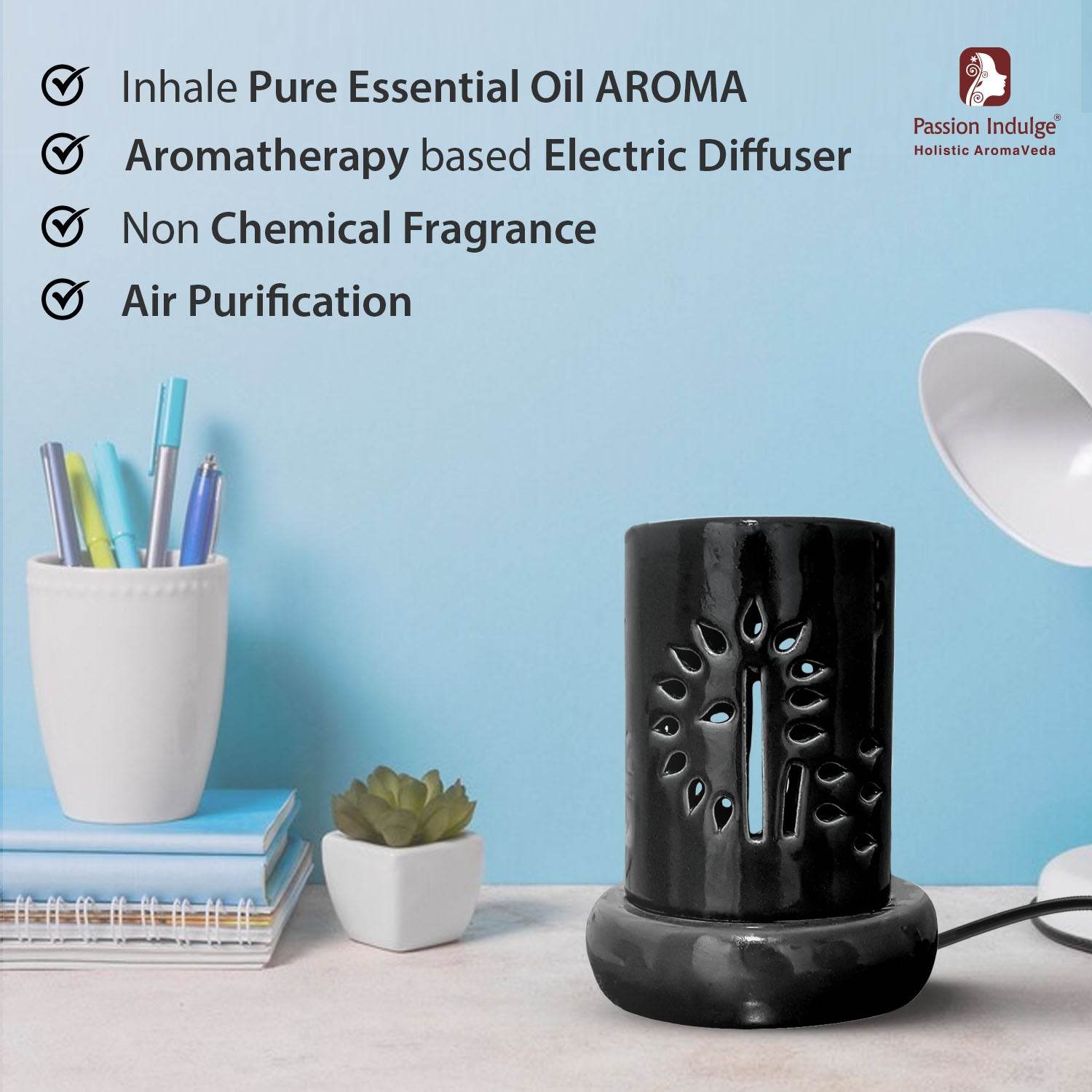 Electric Diffuser with FREE Pure Lemongrass Essential oil for Aromatherapy, Banyan Tree Design Diffuser for Offices, Restaurant, Living rooms (Black) - passionindulge