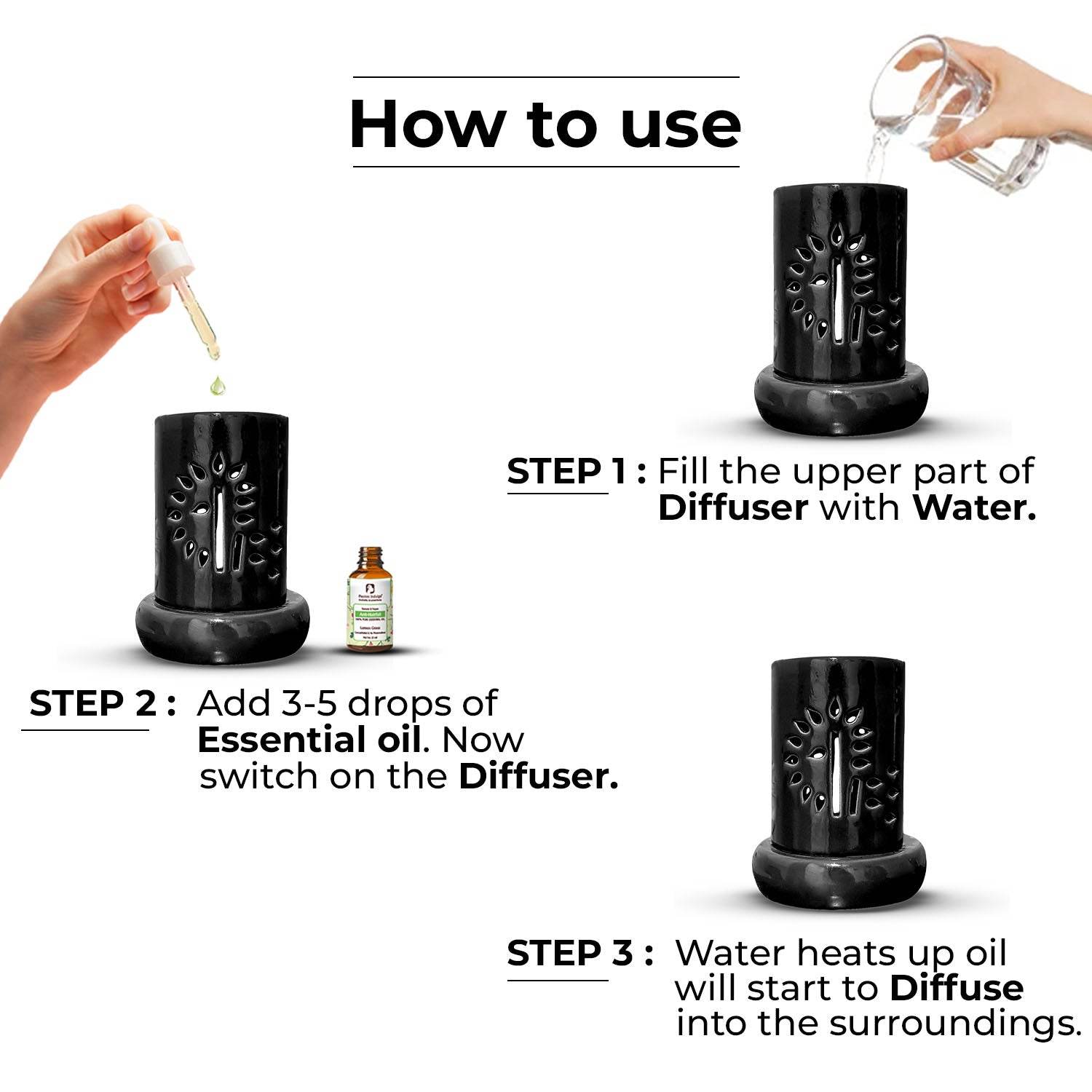 Electric Diffuser with FREE Pure Lemongrass Essential oil for Aromatherapy, Banyan Tree Design Diffuser for Offices, Restaurant, Living rooms (Black) - passionindulge
