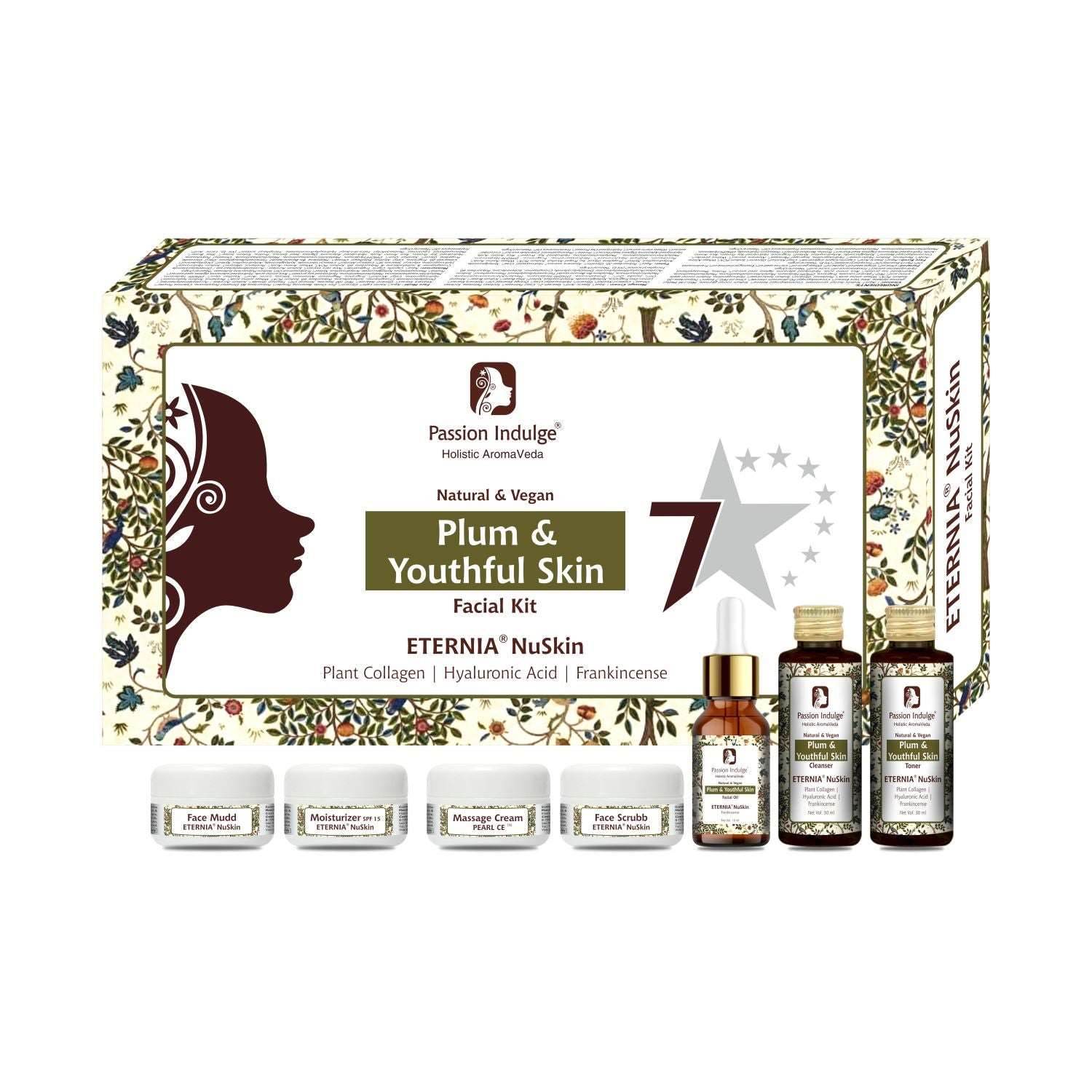 Eternia NuSkin 7 Star Facial Kit For Plum & Youthful Skin With Plant Collagen, Hyaluronic Acid, Frankincense | All Skin Types | Natural & Vegan| ageing kit | anti ageing | everyouth | natural effect | 7 steps - passionindulge