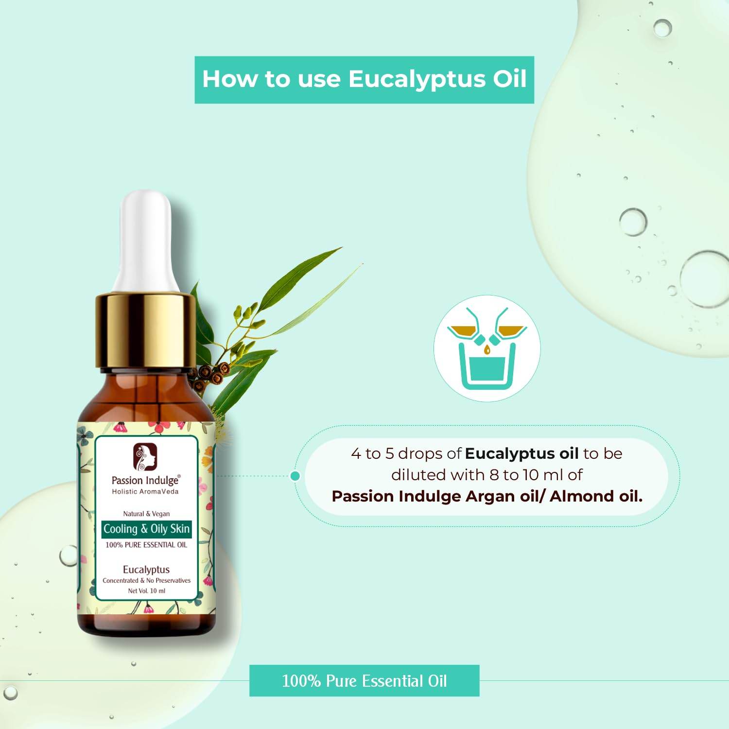 Eucalyptus Essential Oil 10ml for Skin Eruptions, Acne, Beneficial for Oily Skin | Ayurvedic | Natural & Vegan - passionindulge
