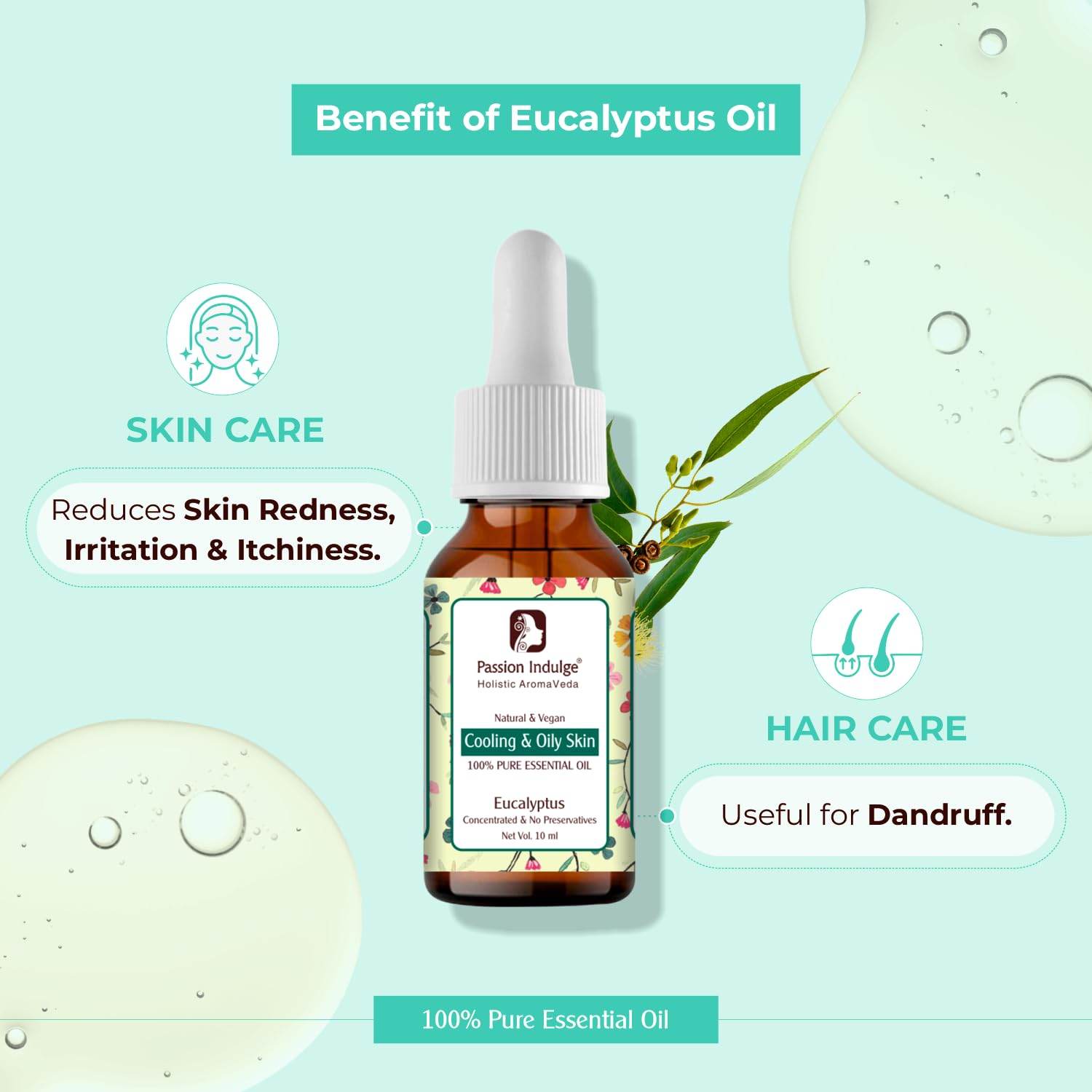Eucalyptus Essential Oil 10ml for Skin Eruptions, Acne, Beneficial for Oily Skin | Ayurvedic | Natural & Vegan - passionindulge