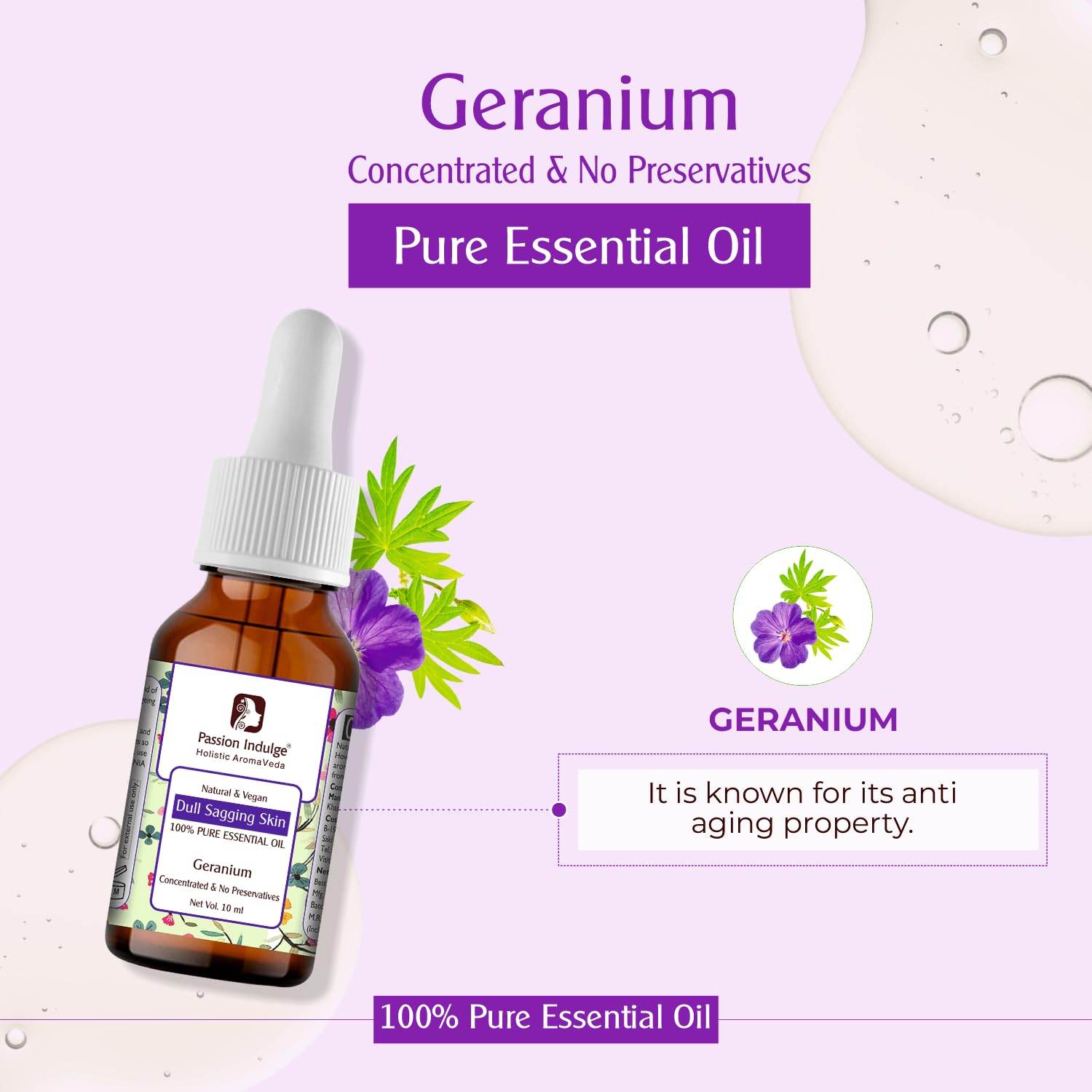 Geranium Essential Oil 10ml for Anti Ageing and Dull Sagging Skin | Naural & Vegan - passionindulge