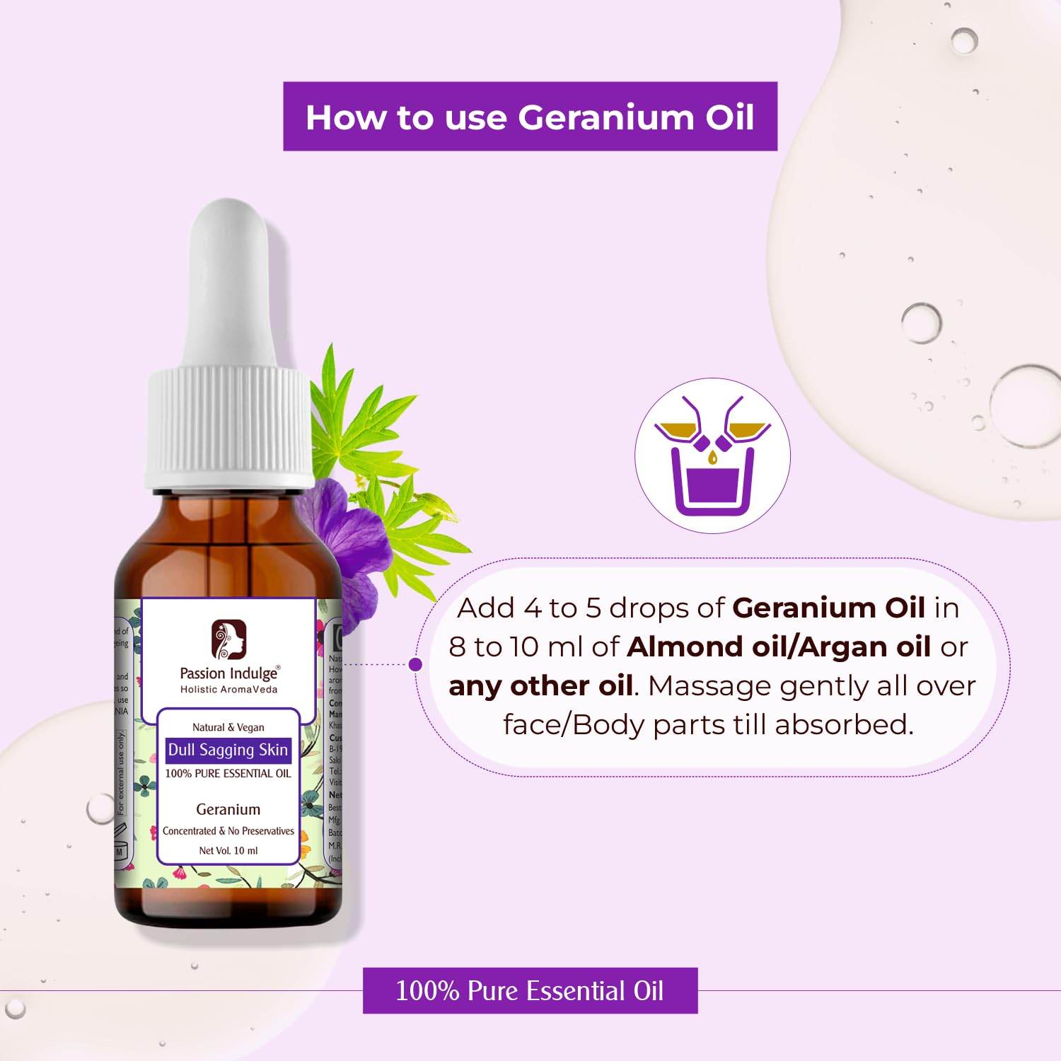 Geranium Essential Oil 10ml for Anti Ageing and Dull Sagging Skin | Naural & Vegan - passionindulge