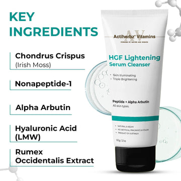 Actiherbz Vitamins HGF Lightening Serum Cleanser - Nonapeptide & Alpha Arbutin Face wash  Cleanser for Skin Radiance & Even Tone | Triple Glow Boost Formula for All Skin Types | airline travel friendly 60ml