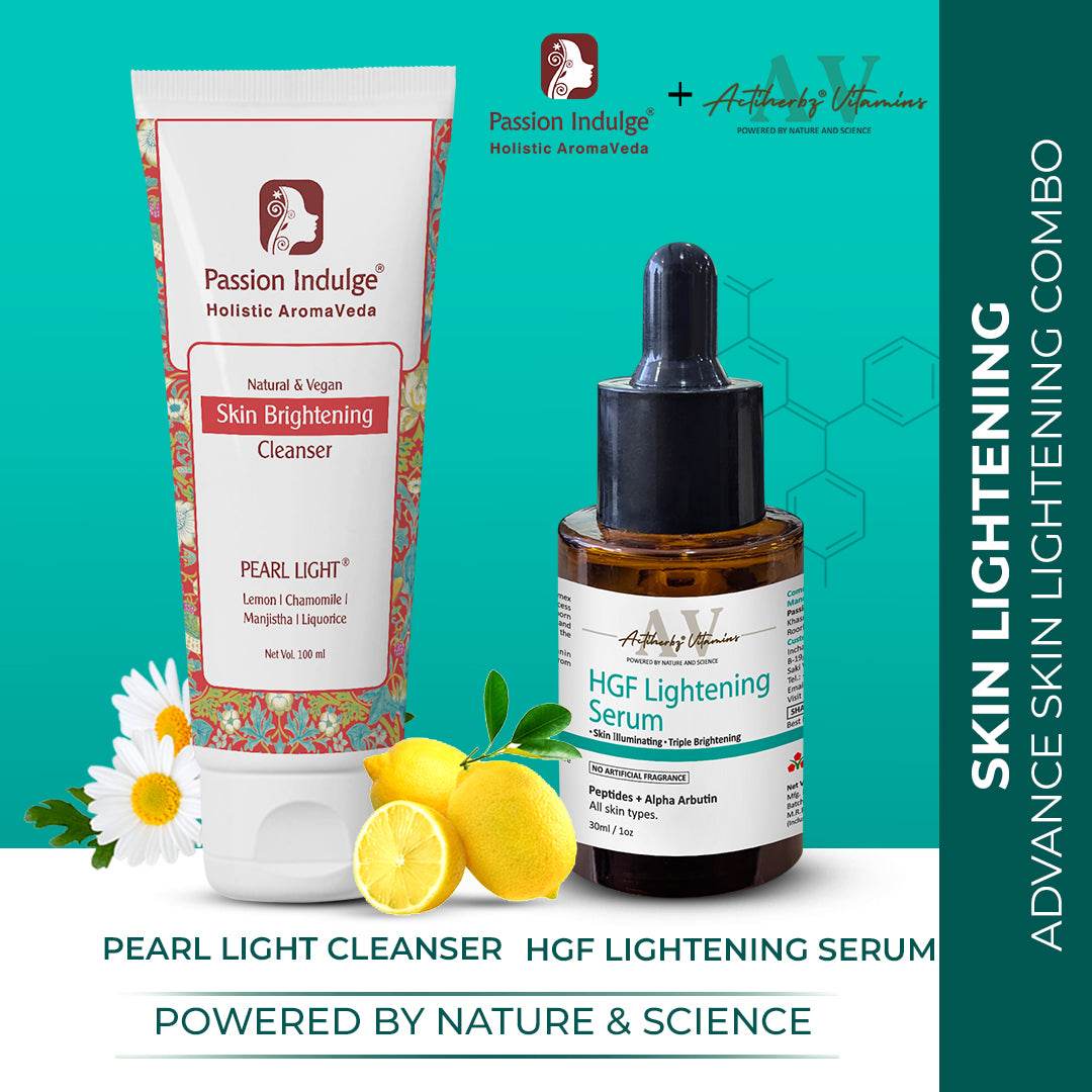 ADVANCE SKIN LIGHTENING COMBO - Passion Indulge Pearl Light Cleanser & ACTIHERBZ vitamins HGF Advanced aqua based Peptide Face Serum - passionindulge