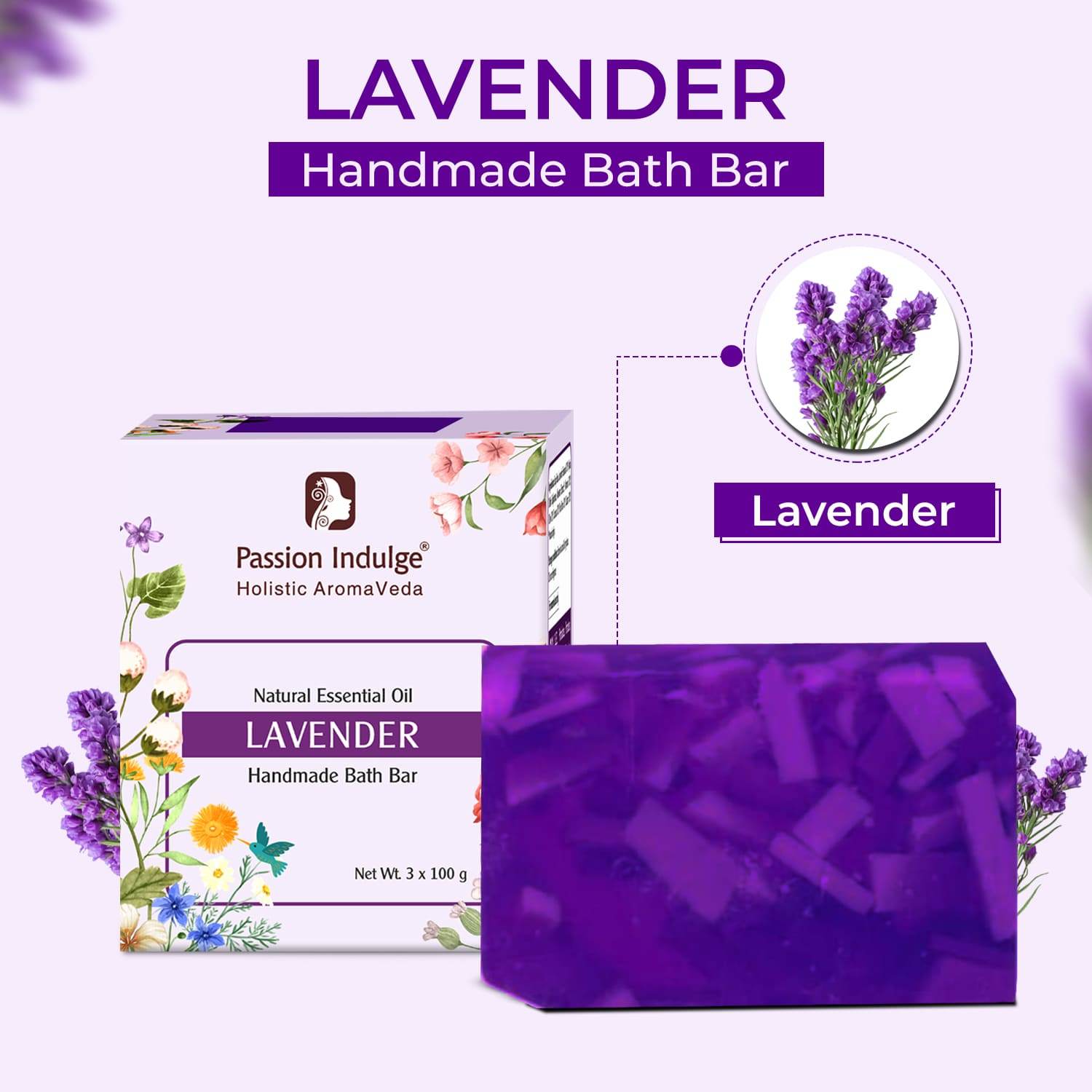 Handmade Bath Bar Soap Lavender-each 100gm | Natural & Vegan | Ayurvedic | Peta Certified(Pack of 3) - passionindulge