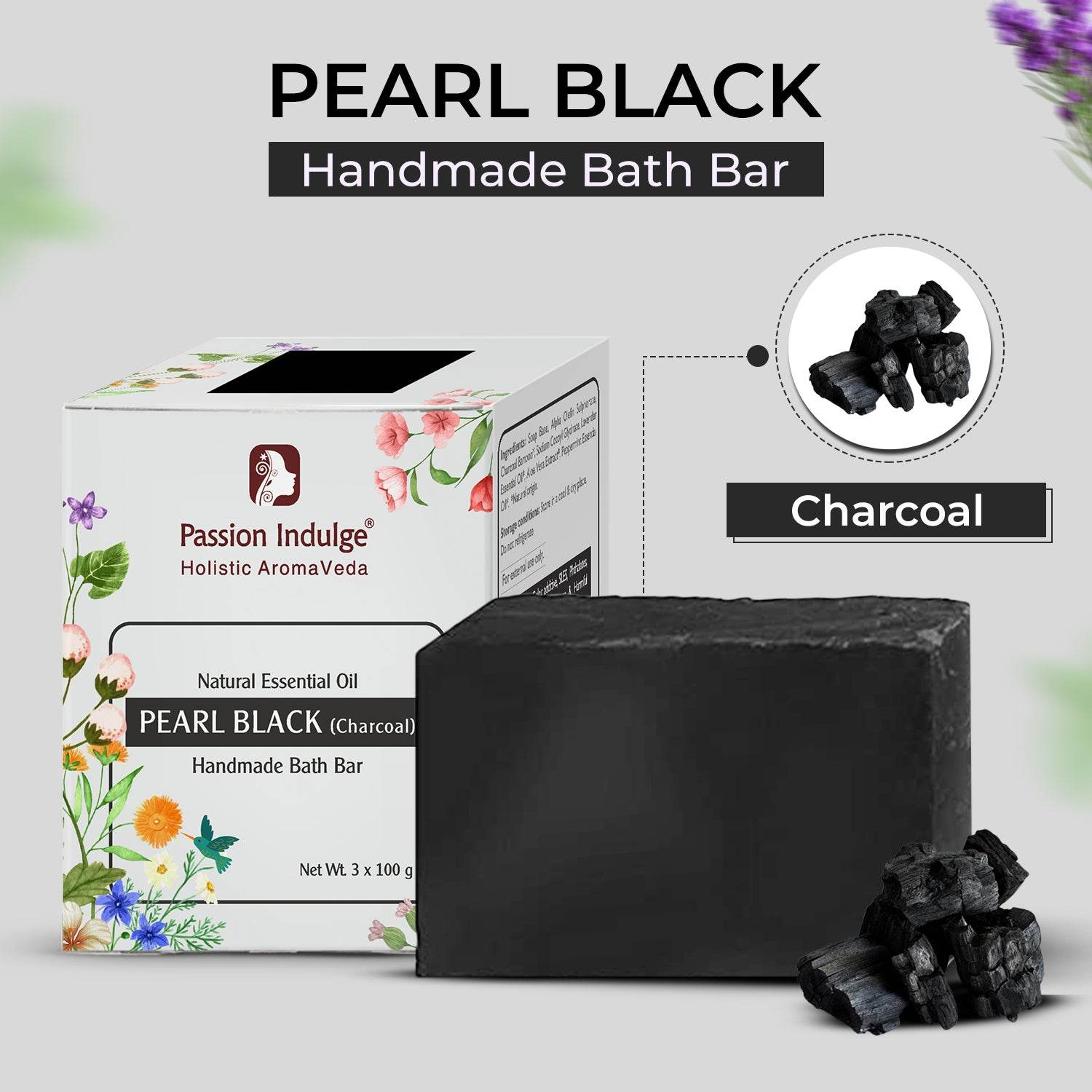 Handmade Bath Bar Soap Pearl Black (Charcoal) - each 100gm | Natural & Vegan |Peta Certified ( Pack of 3 ) - passionindulge