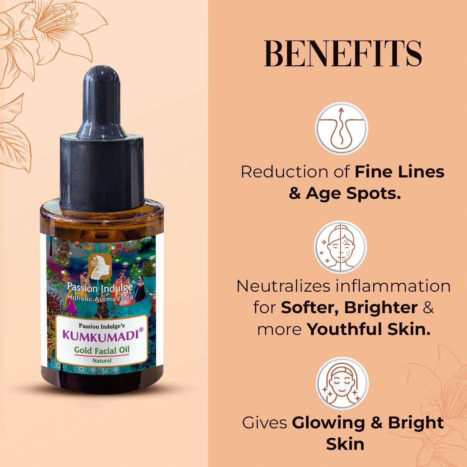 Kumkumadi Pure & Natural Miracle Facial Oil For Glowing Skin with Saffron, Vetiver & 16 Herbs | Shine & Brightness | Anti Ageing | Anti Wrinkle | Reduces Dark Spots & Pigmentation for all Skin Type - passionindulge
