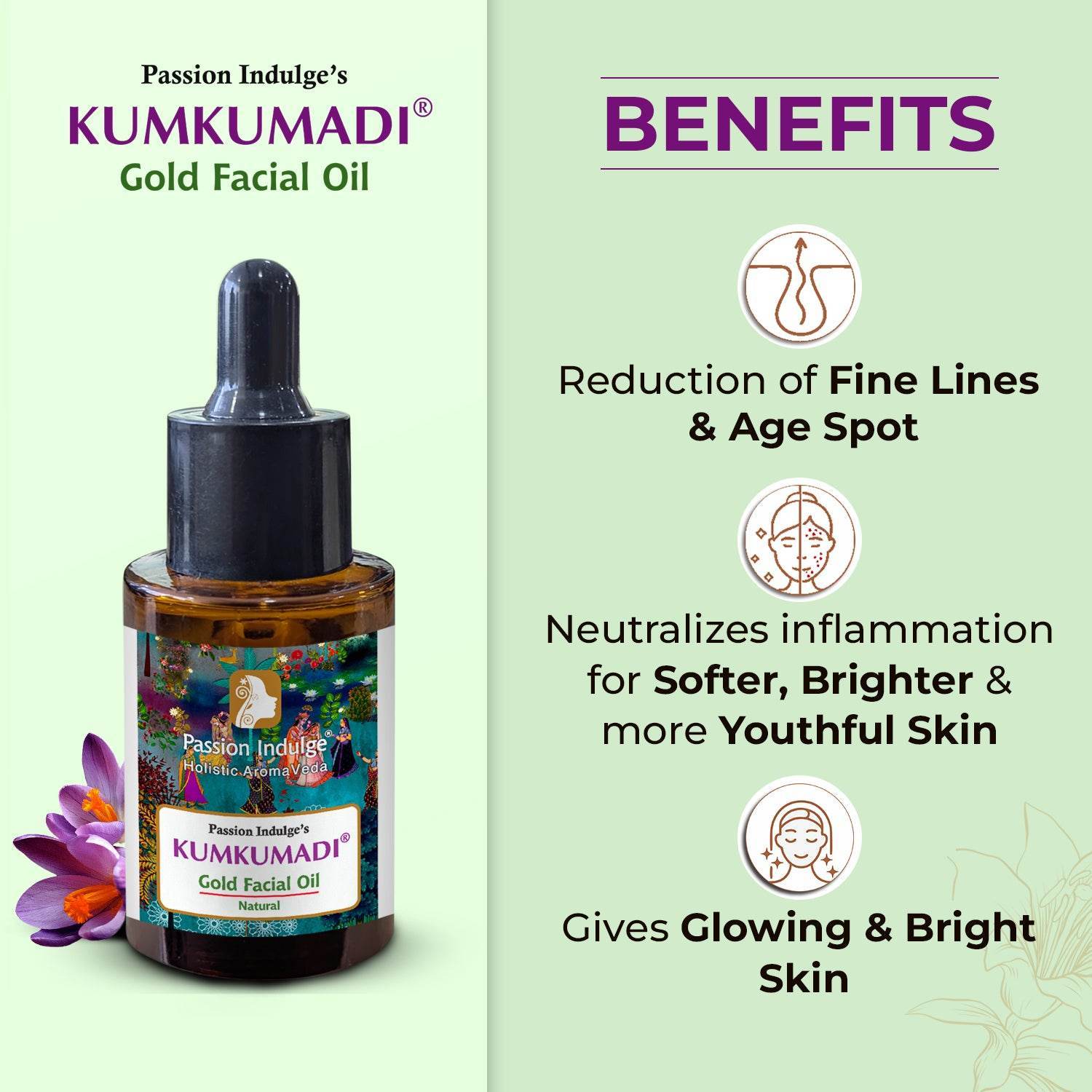 Passion Indulge Kumkumadi Gold Facial Oil 30ml + Free Kumkumadi Handmade Bath Bar 150g | With Kashmiri Saffron, Vetiver Oil & 16 Ayurvedic Herbs - passionindulge