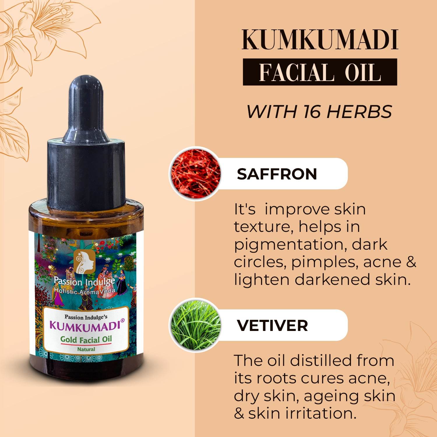 Kumkumadi Pure & Natural Miracle Facial Oil For Glowing Skin with Saffron, Vetiver & 16 Herbs | Shine & Brightness | Anti Ageing | Anti Wrinkle | Reduces Dark Spots & Pigmentation for all Skin Type - passionindulge