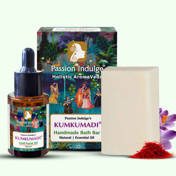 Passion Indulge Kumkumadi Gold Facial Oil 30ml + Free Kumkumadi Handmade Bath Bar 150g | With Kashmiri Saffron, Vetiver Oil & 16 Ayurvedic Herbs - passionindulge