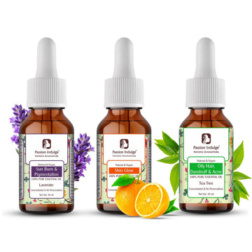 Passion Indulge Orange, Tea Tree & Lavender Essential Oils | For Skin, Face & Aromatherapy | Promotes Glowing Skin | Suitable For Women & Men (Combo Pack of 3) 10 ml Each - passionindulge