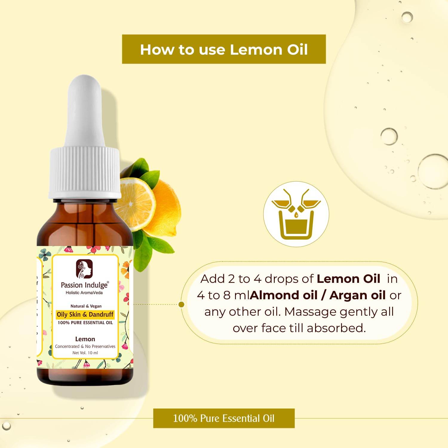 Lemon Essential Oil for Removes Dead Skin Cells | Rejuvenates dull skin | Useful in Hair Dandruff Control - 10ml - passionindulge