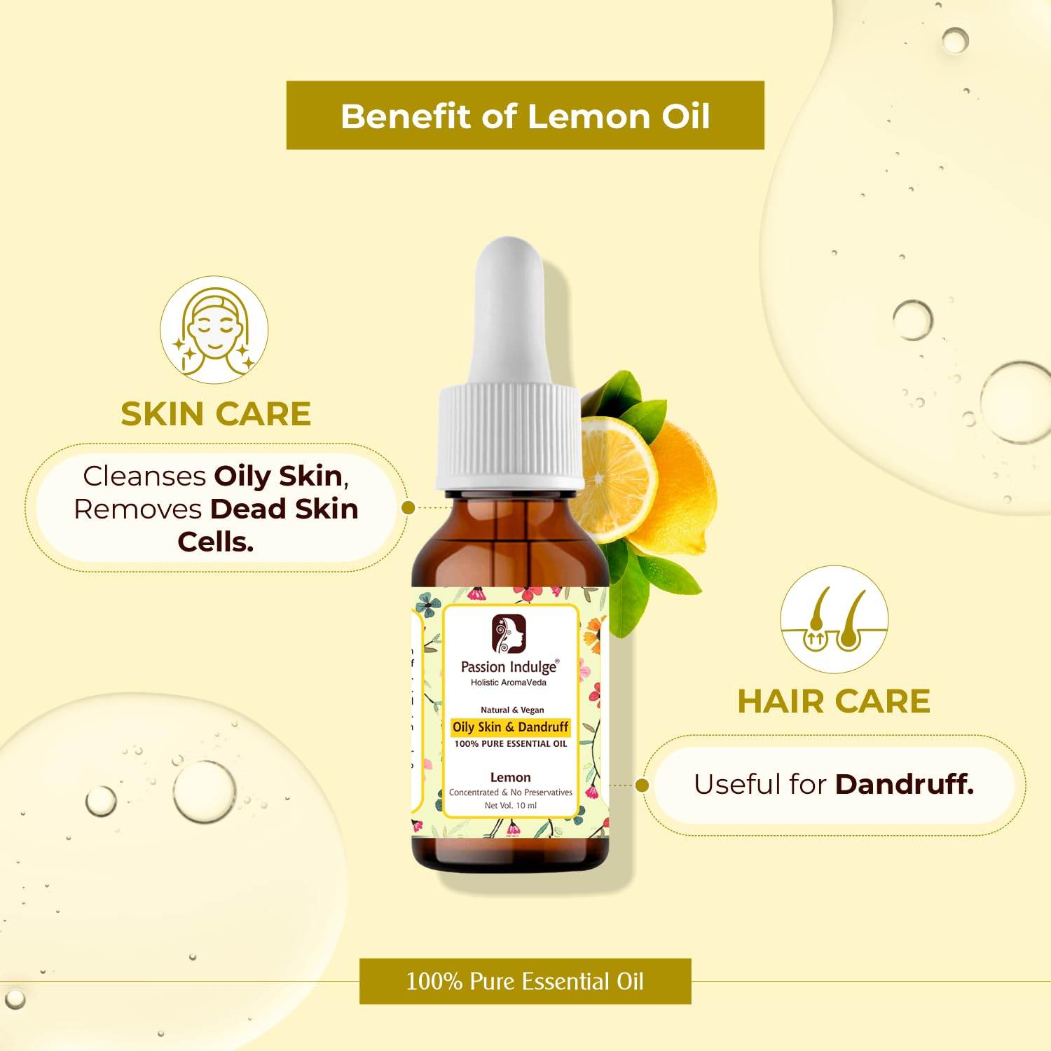 Lemon Essential Oil for Removes Dead Skin Cells | Rejuvenates dull skin | Useful in Hair Dandruff Control - 10ml - passionindulge