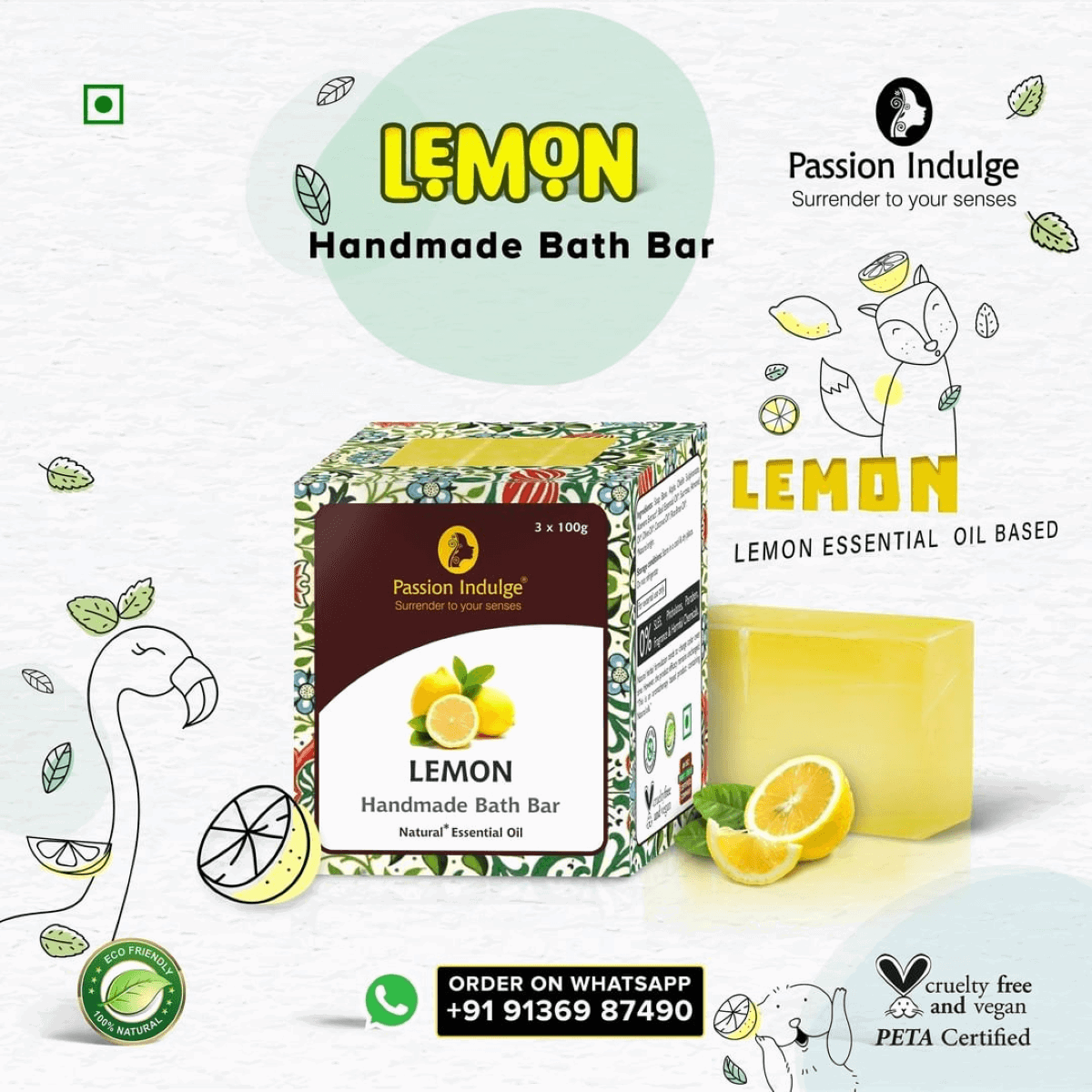 Handmade Bath Bar Soap Lemon - each 100gm | Natural & Vegan | Aromatherapy | Peta Certified(Pack of 3) - passionindulge