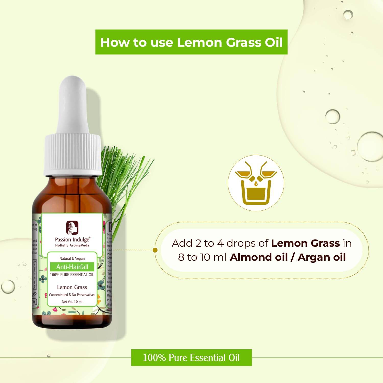 Lemongrass Essential Oil 10ml for Acne | Black Heads | Pores & Hair Fall Control | Natural & Vegan - passionindulge