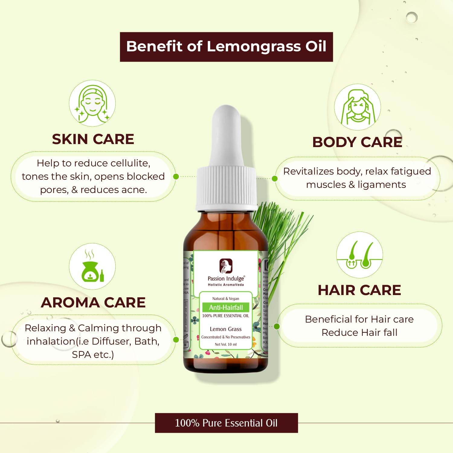 Lemongrass Essential Oil 10ml for Acne | Black Heads | Pores & Hair Fall Control | Natural & Vegan - passionindulge