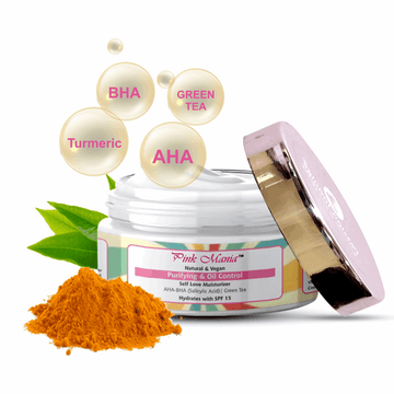 Pink Mania Purifying & Oil Control AHA BHA Face Moisturizer With Turmeric & Green Tea | SPF 15 | Moisturize sensitive allergic skin, Helps reduces clogged pores, acne | Healthy skin - 50g - passionindulge